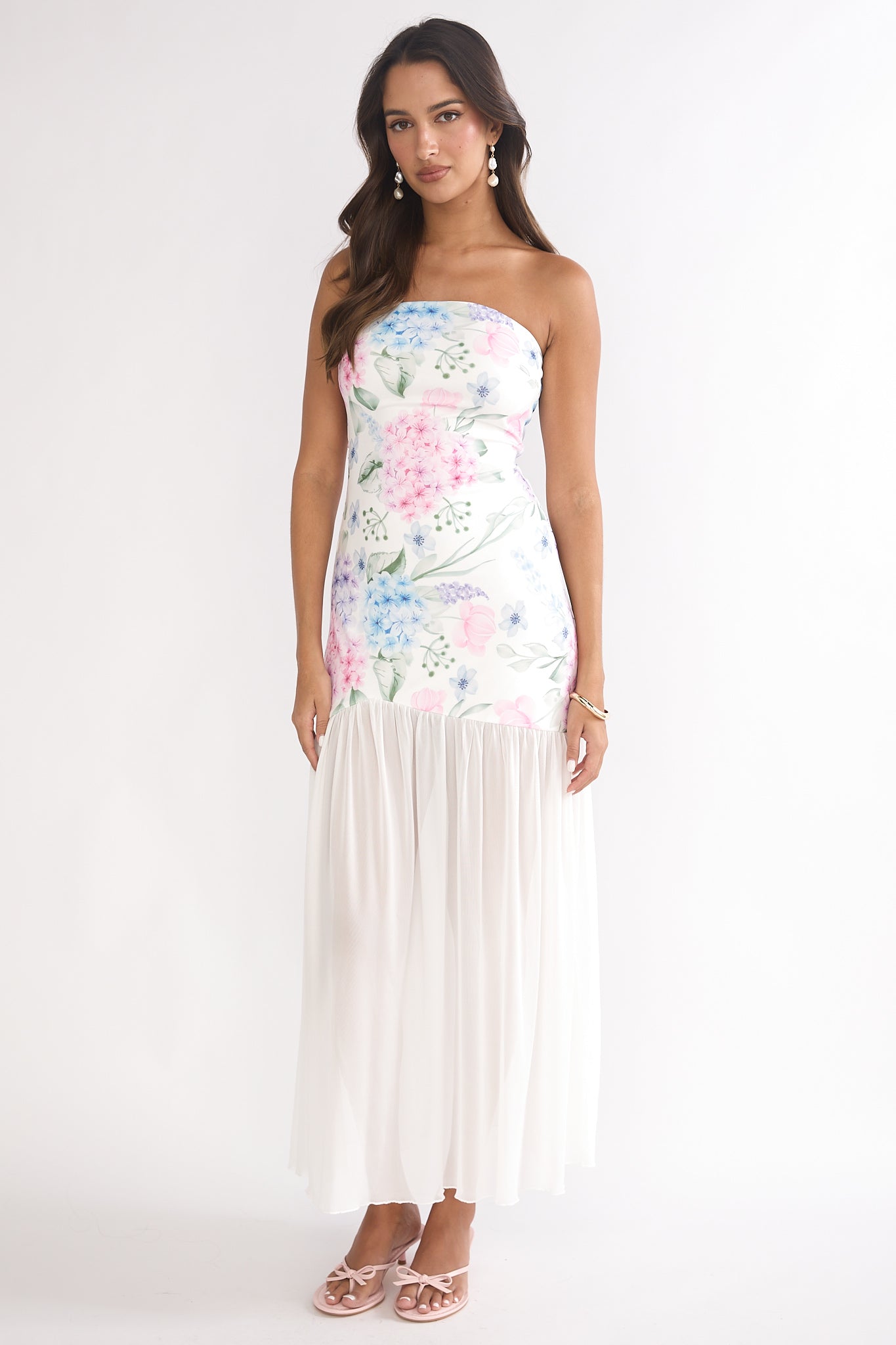 Wilma Sheer Hem Strapless Maxi Dress Flowers Blue-Maymioy
