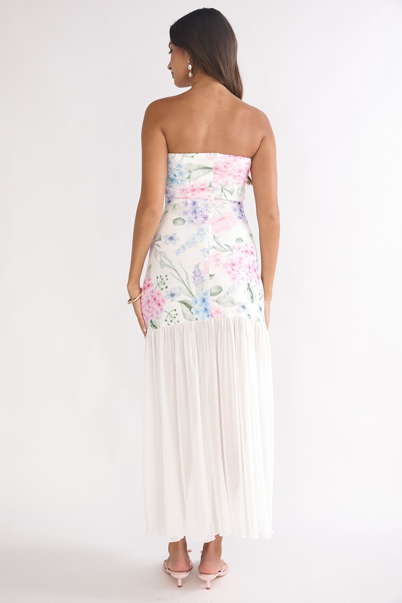 Wilma Sheer Hem Strapless Maxi Dress Flowers Blue-Maymioy