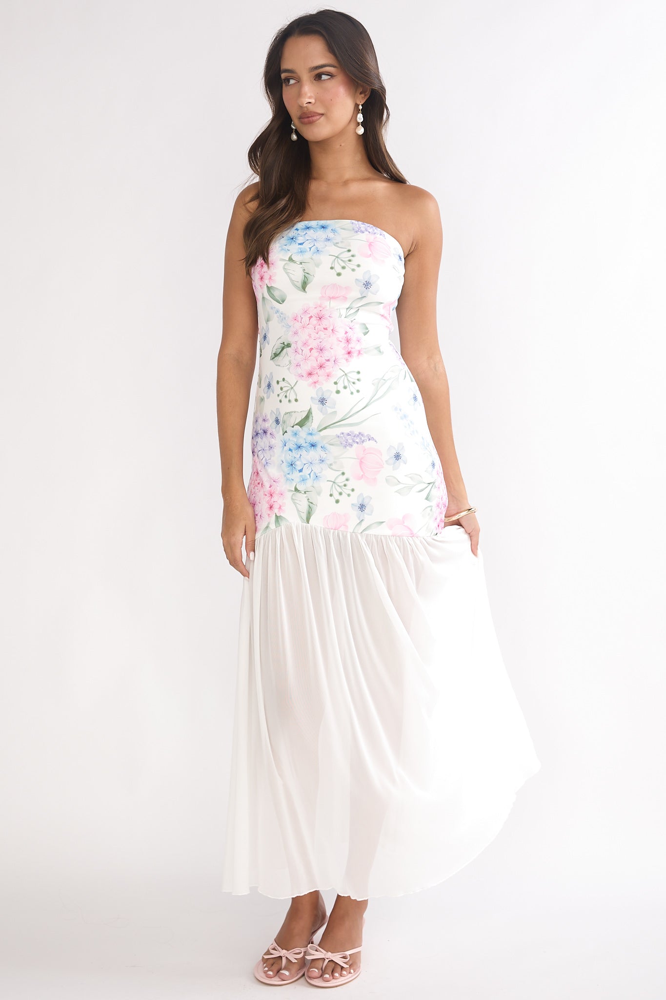 Wilma Sheer Hem Strapless Maxi Dress Flowers Blue-Maymioy
