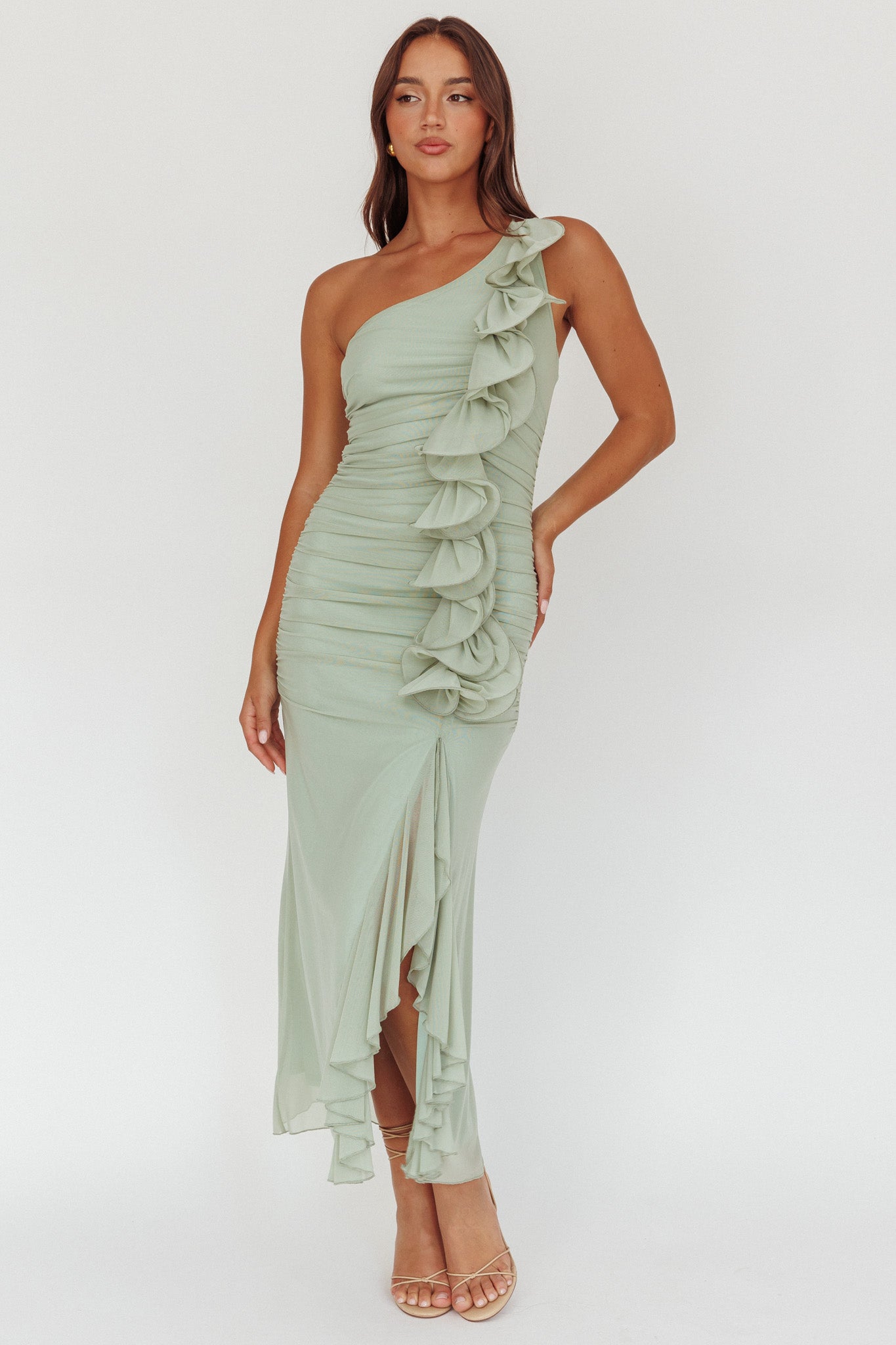 Haven One-Shoulder Ruffle Accent Maxi Dress Sage-Maymioy