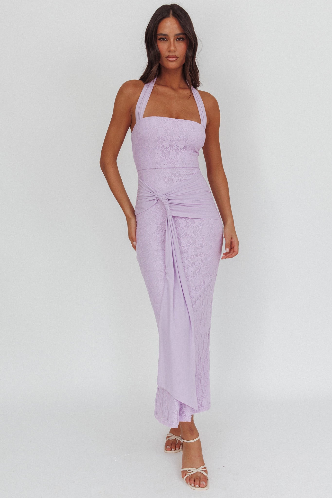 Luli Waist Sash Halter Maxi Dress Lace Lilac-Maymioy