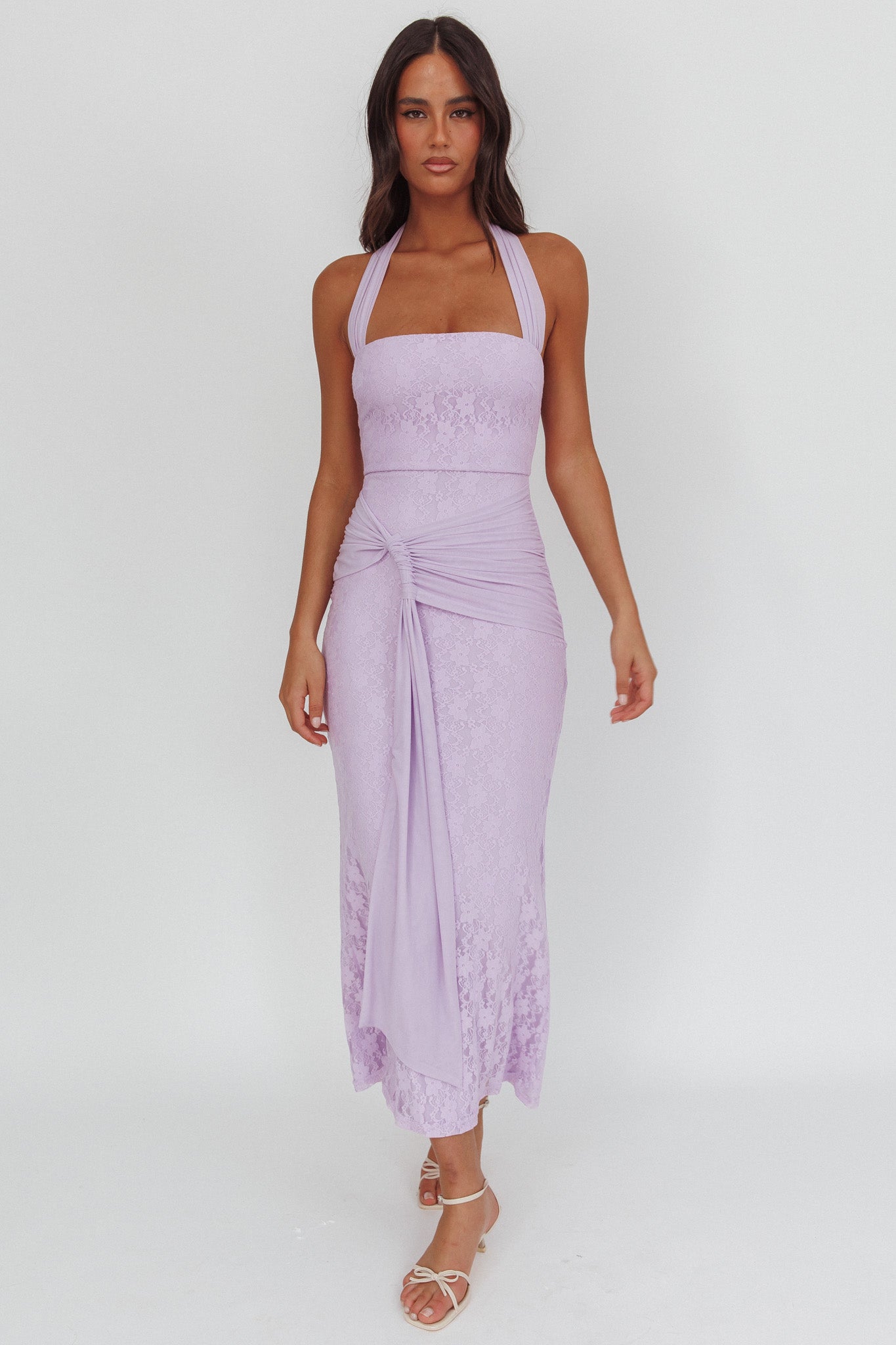 Luli Waist Sash Halter Maxi Dress Lace Lilac-Maymioy