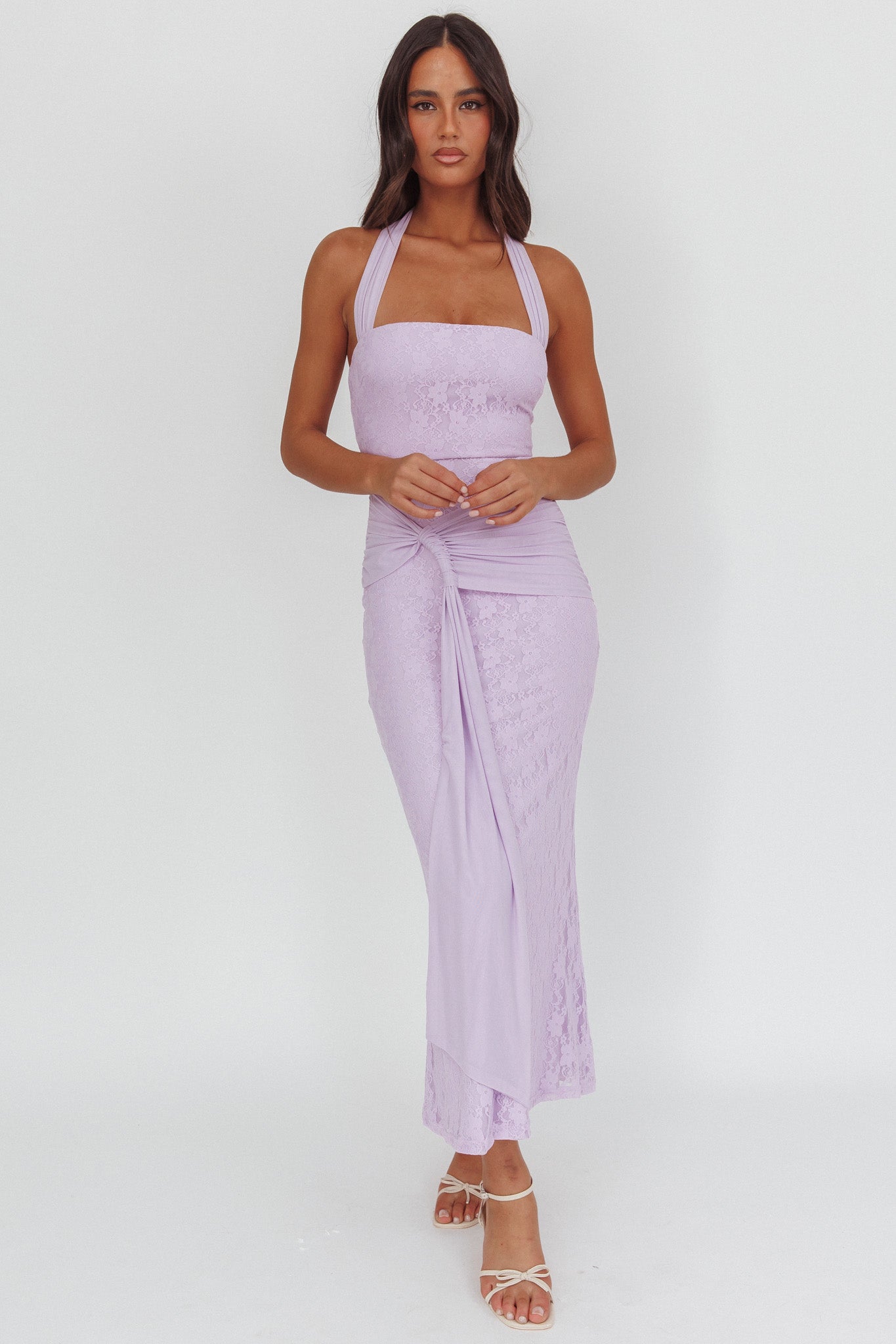 Luli Waist Sash Halter Maxi Dress Lace Lilac-Maymioy