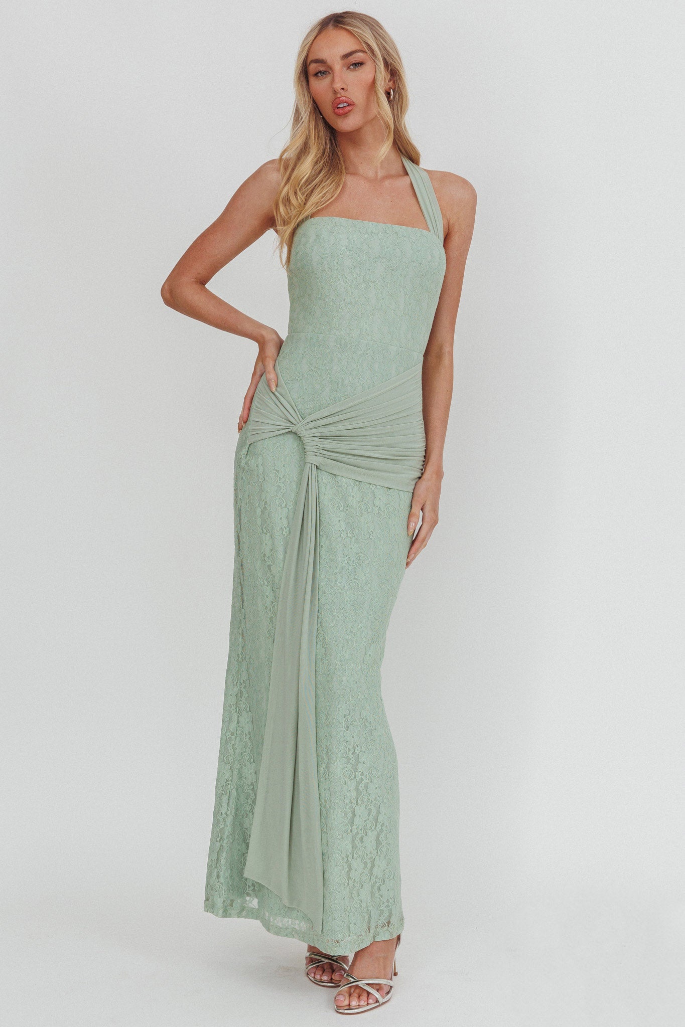 Luli Waist Sash Halter Maxi Dress Lace Sage-Maymioy