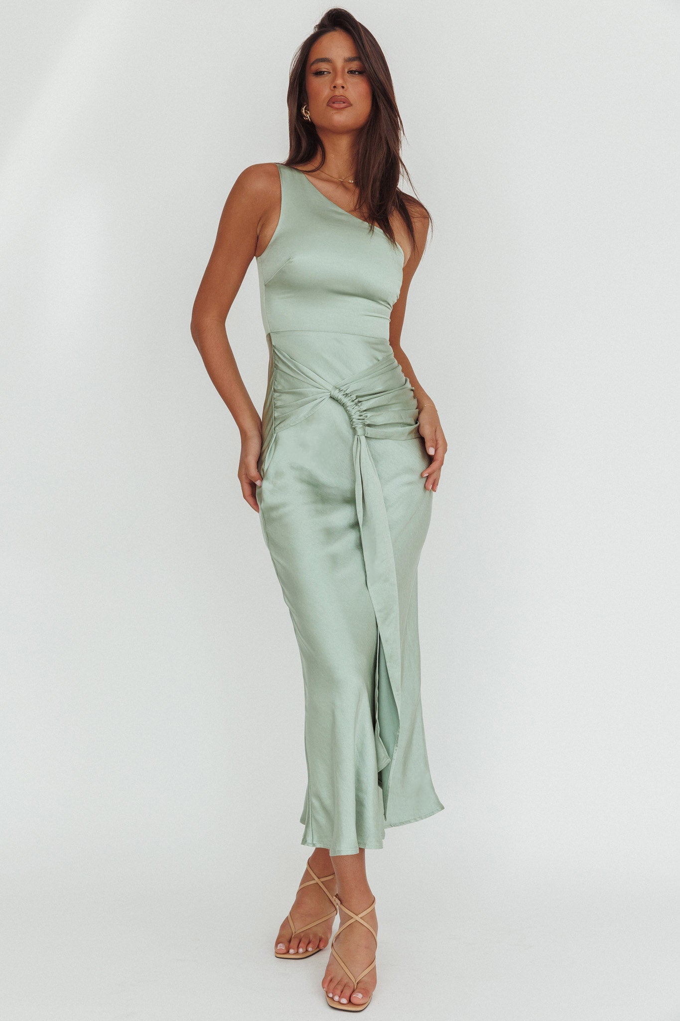 Luli One-Shoulder Waist Sash Maxi Dress Sage-Maymioy