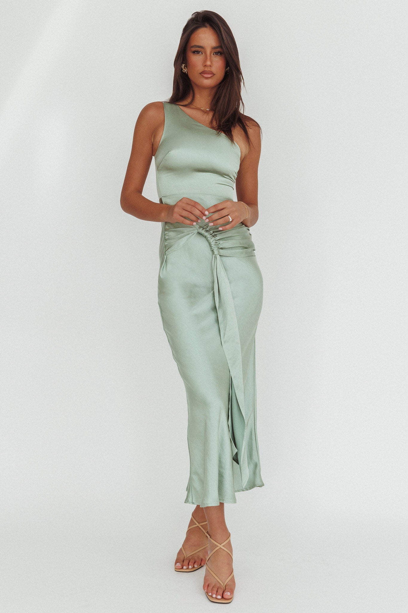 Luli One-Shoulder Waist Sash Maxi Dress Sage-Maymioy