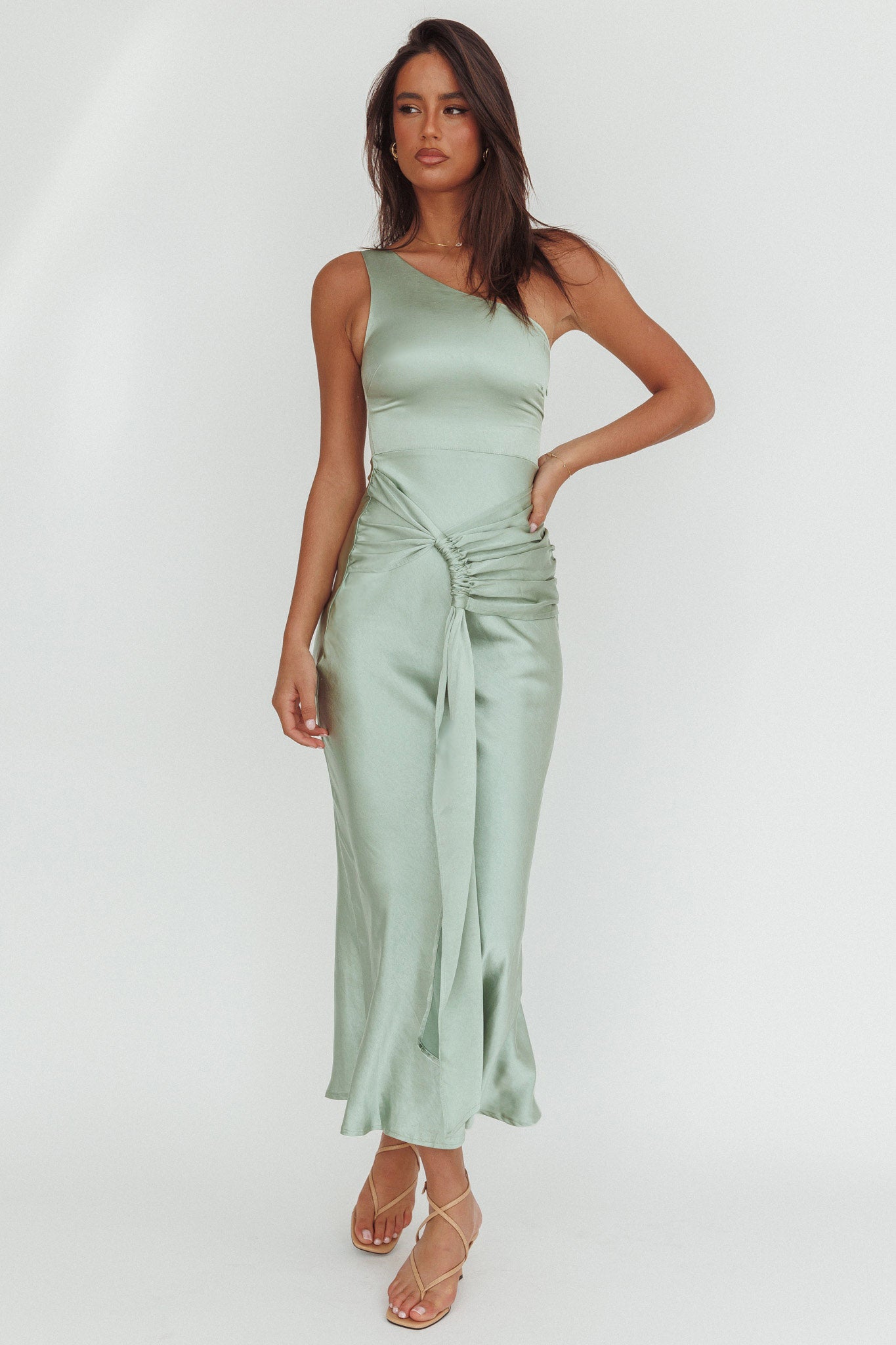 Luli One-Shoulder Waist Sash Maxi Dress Sage-Maymioy