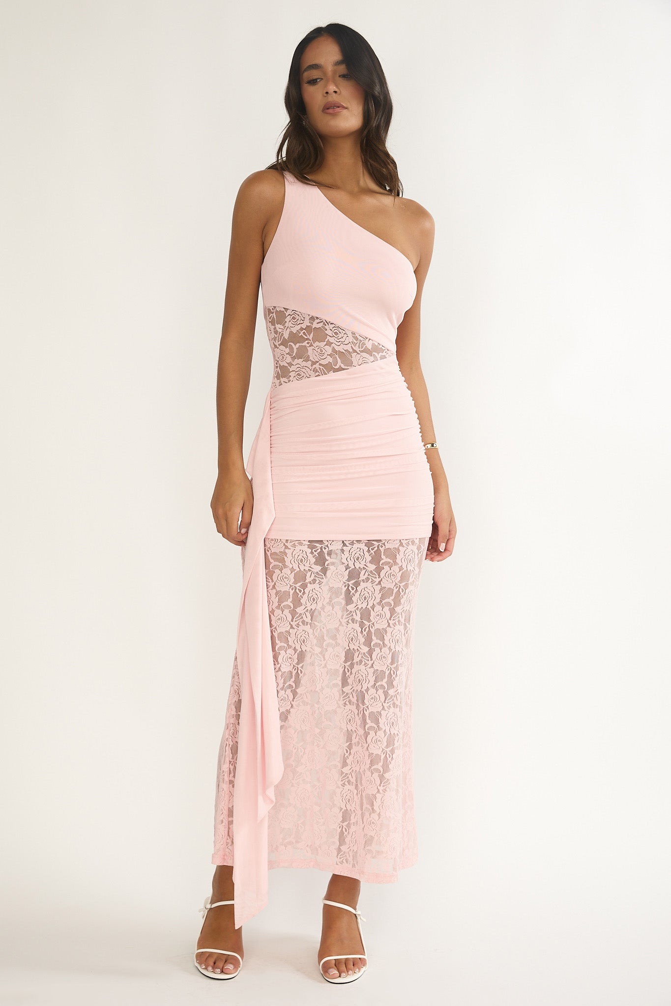 Luli Waist Sash Halter Maxi Dress Lace Pink-Maymioy