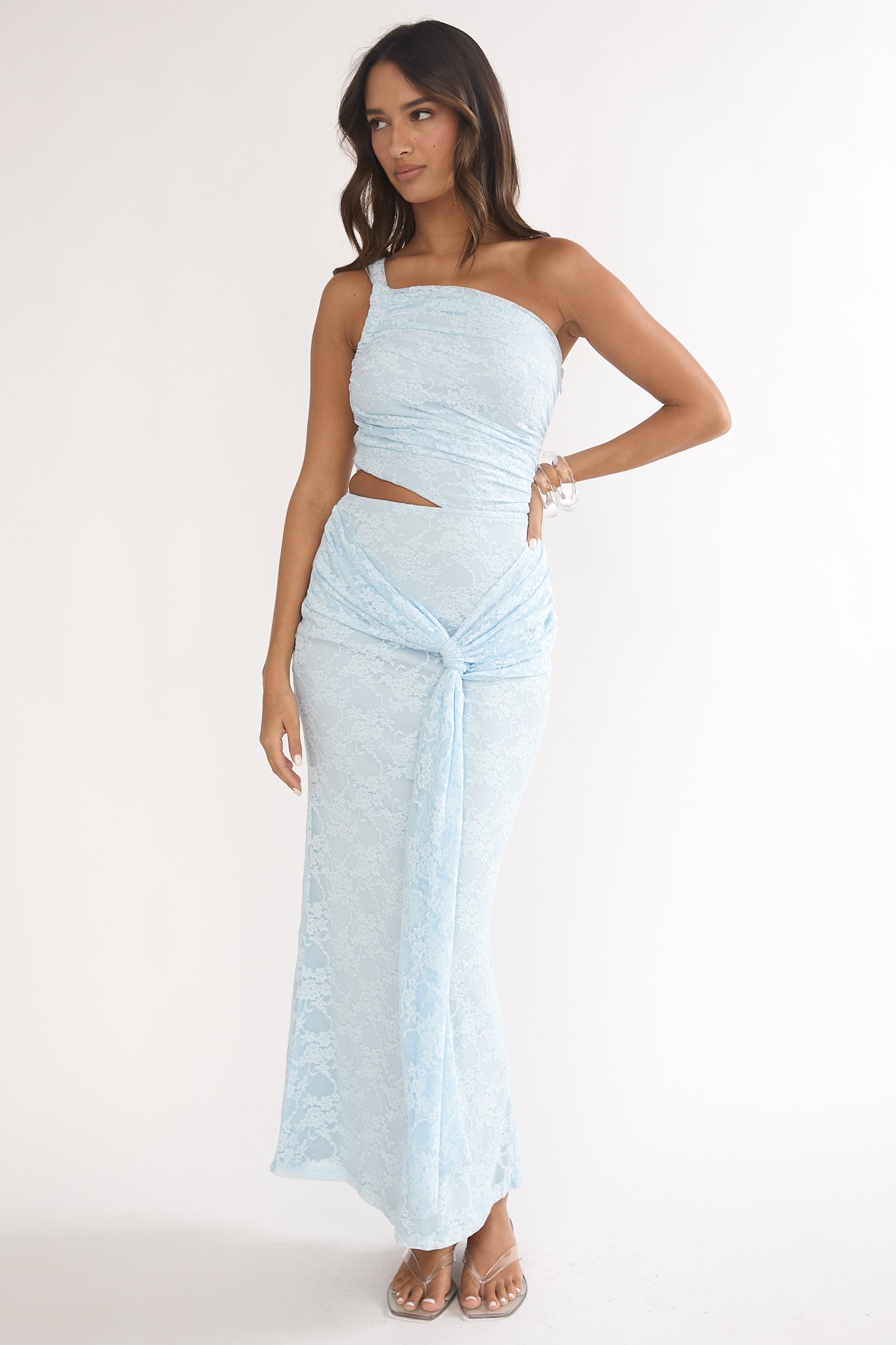Luli One-Shoulder Cut-Out Maxi Dress Textured Light Blue-Maymioy
