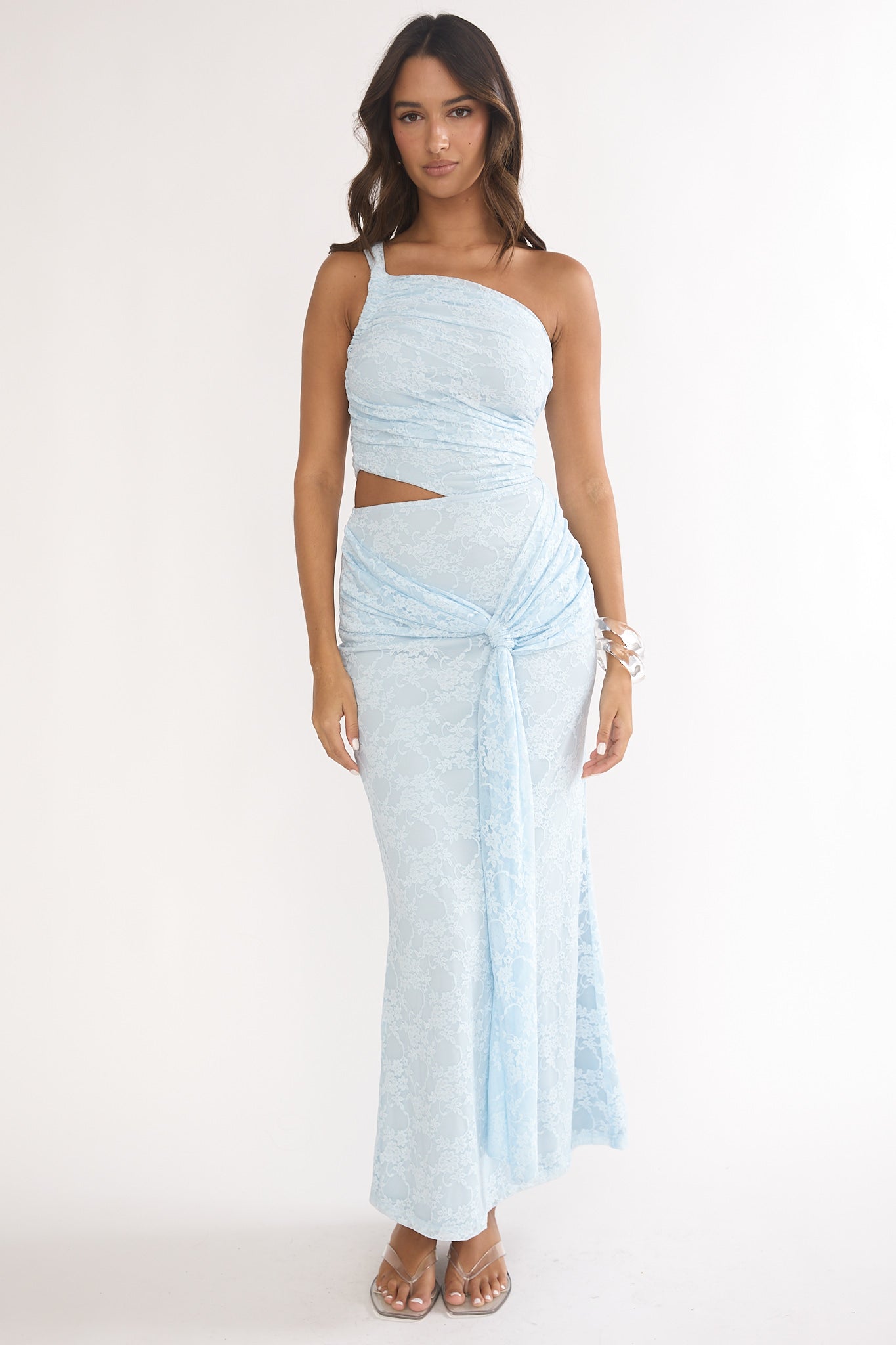 Luli One-Shoulder Cut-Out Maxi Dress Textured Light Blue-Maymioy