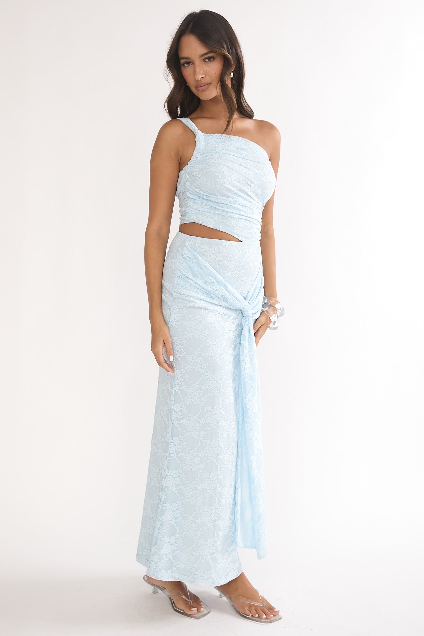 Luli One-Shoulder Cut-Out Maxi Dress Textured Light Blue-Maymioy