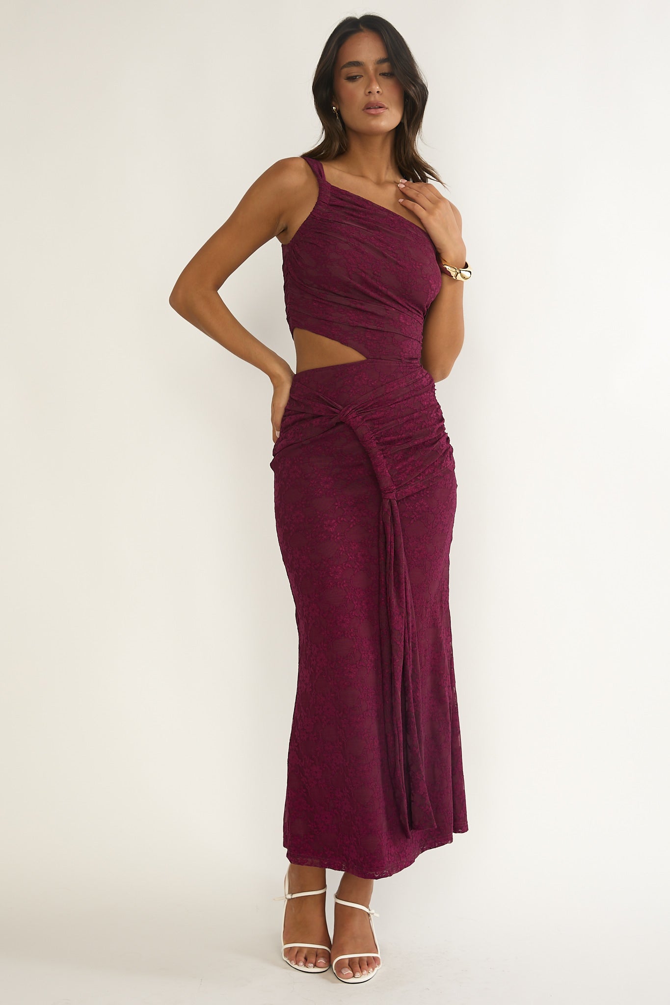 Luli One-Shoulder Cut-Out Maxi Dress Textured Plum-Maymioy
