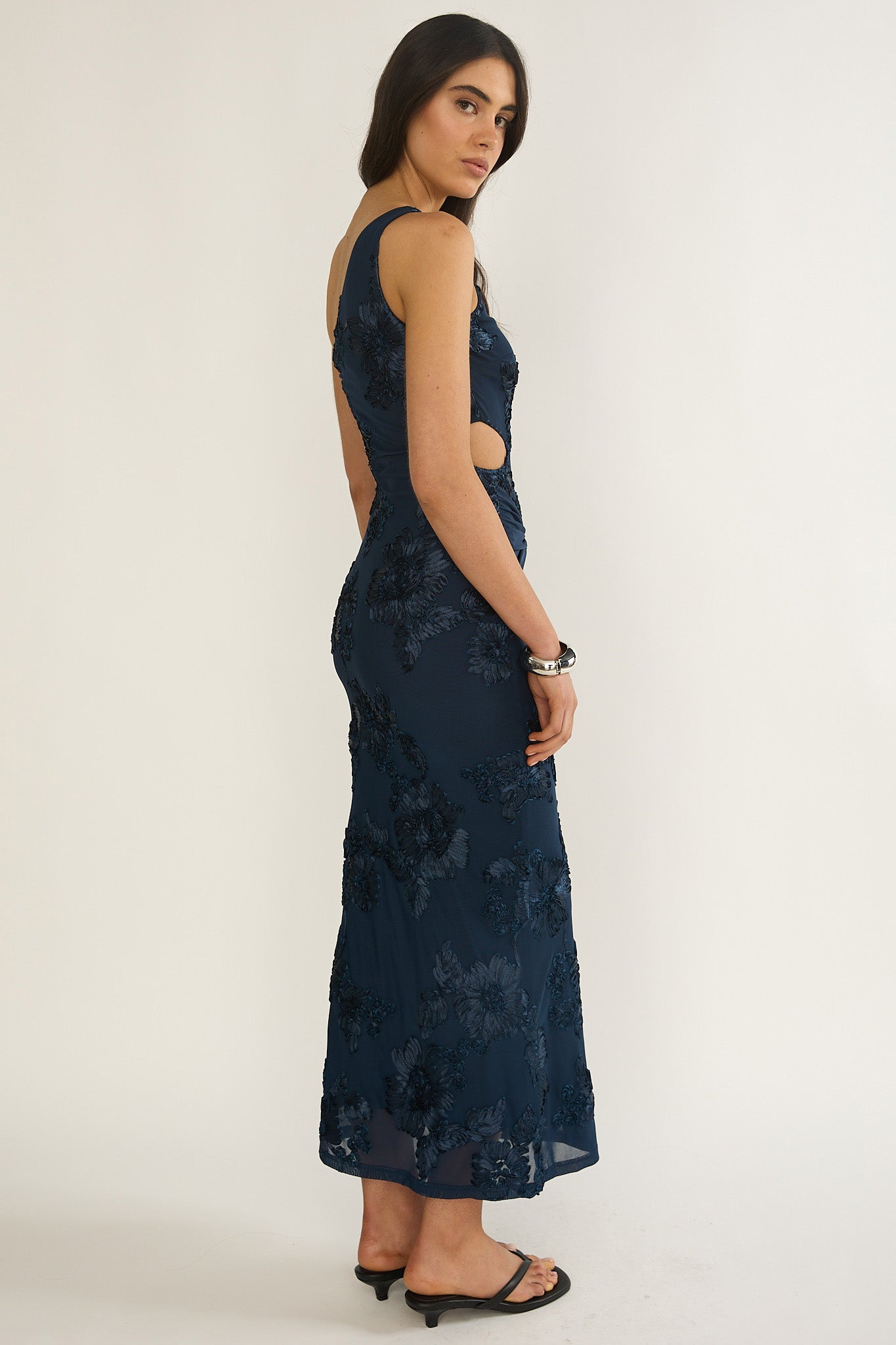 Luli One-Shoulder Cut-Out Maxi Dress Textured Navy-Maymioy