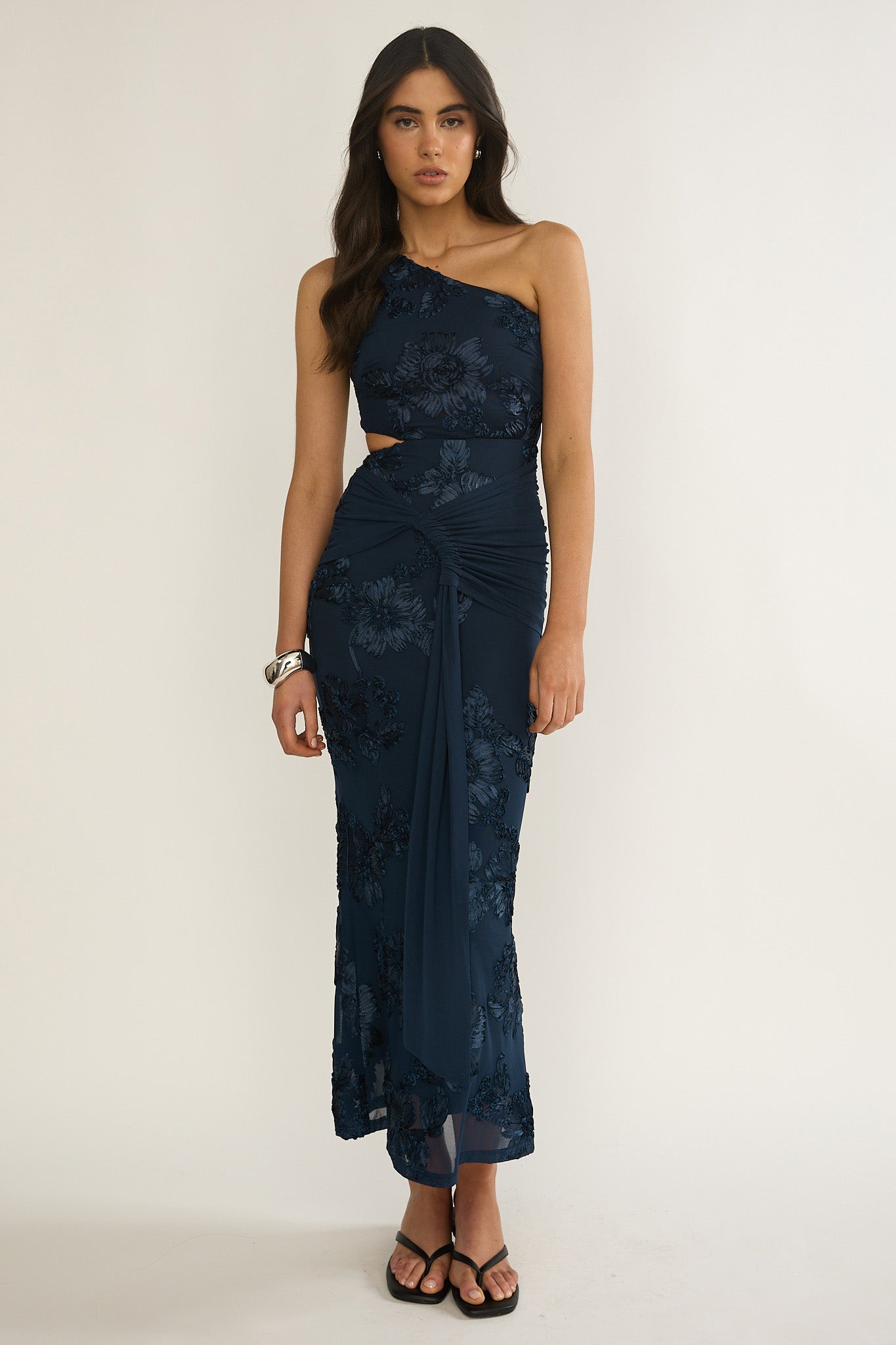 Luli One-Shoulder Cut-Out Maxi Dress Textured Navy-Maymioy