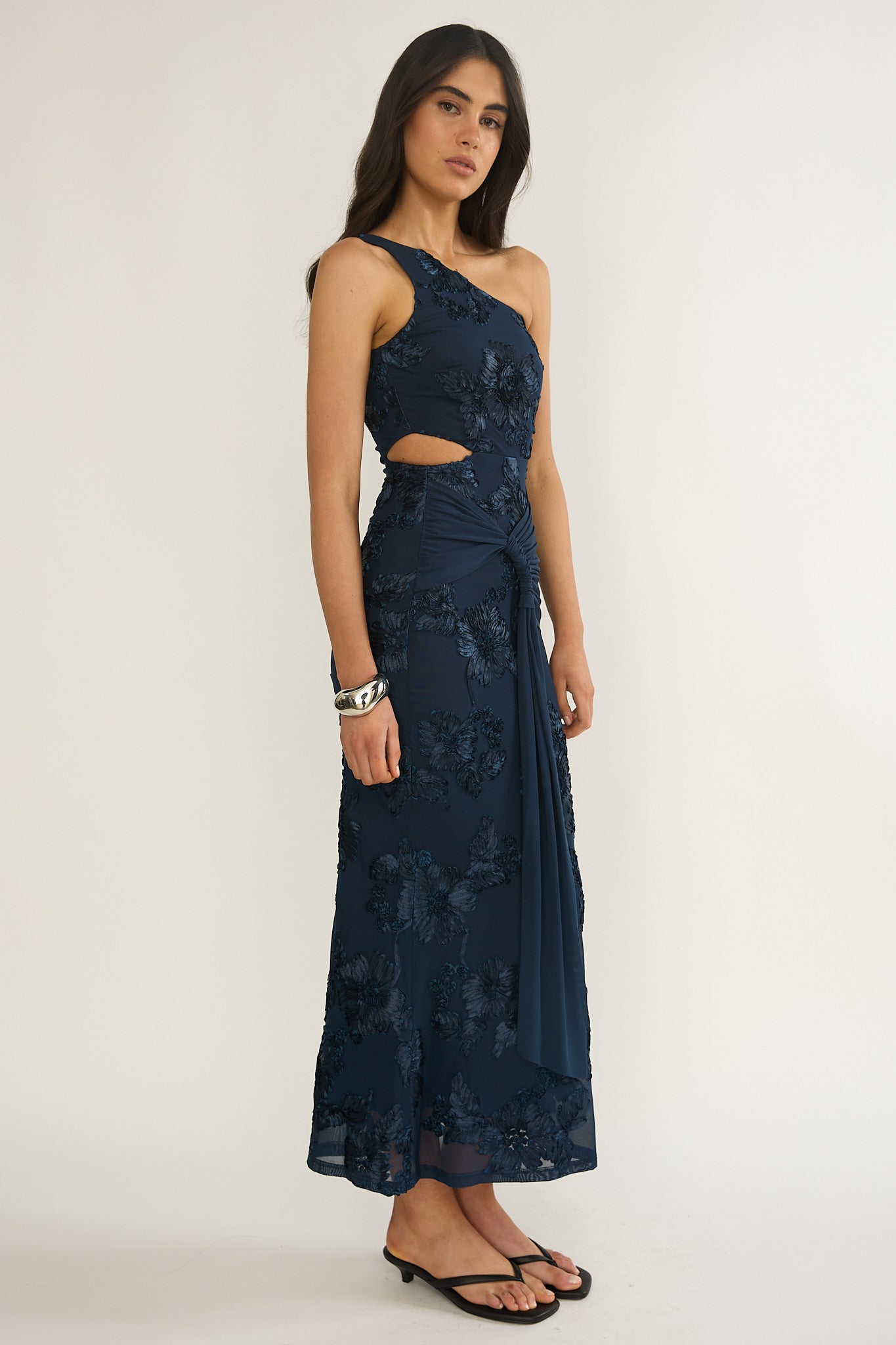 Luli One-Shoulder Cut-Out Maxi Dress Textured Navy-Maymioy