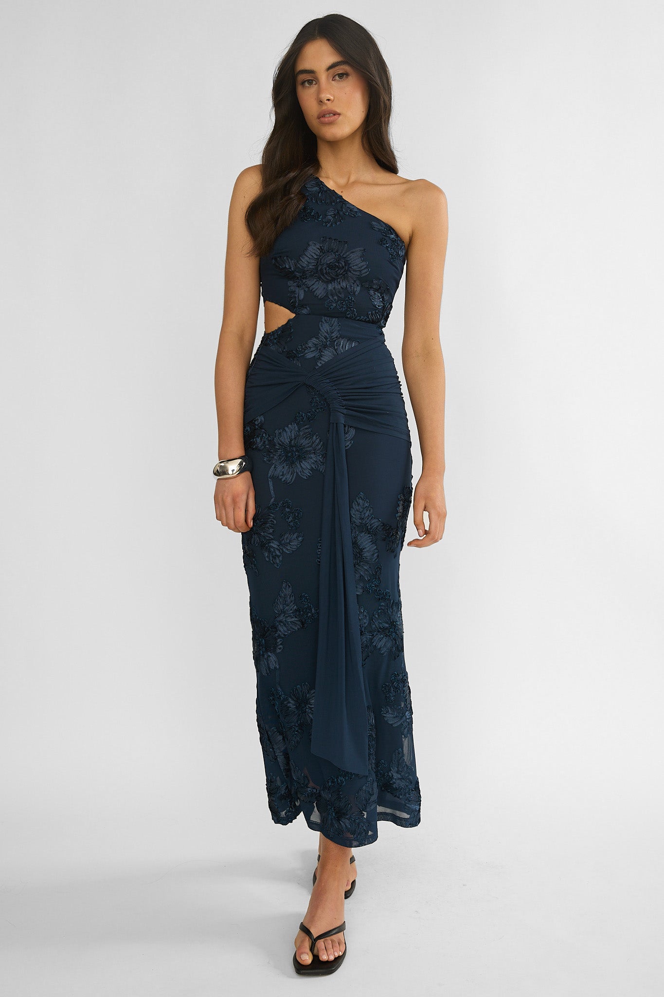 Luli One-Shoulder Cut-Out Maxi Dress Textured Navy-Maymioy