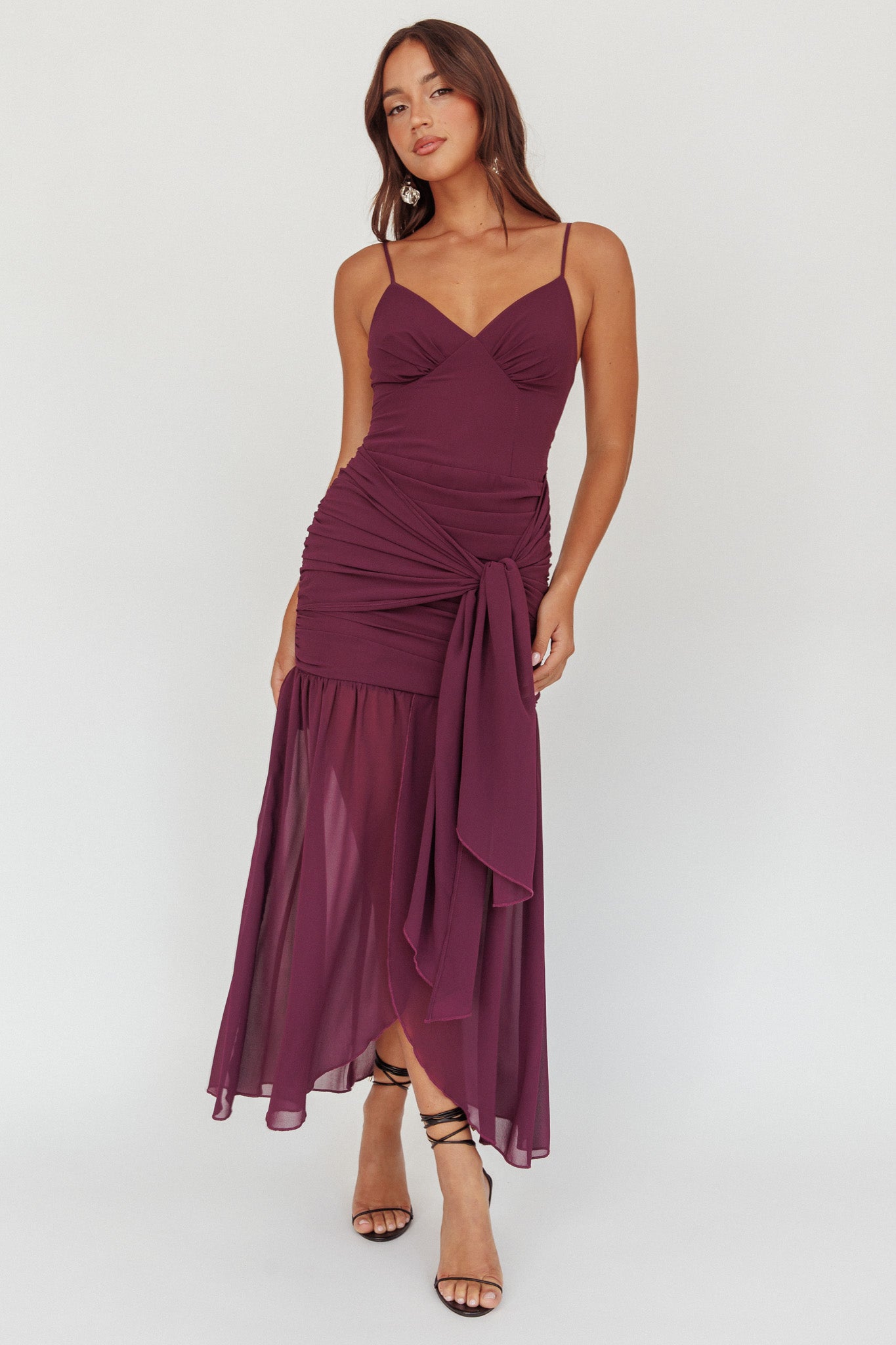 Floating Waist Sash Maxi Dress Plum-Maymioy