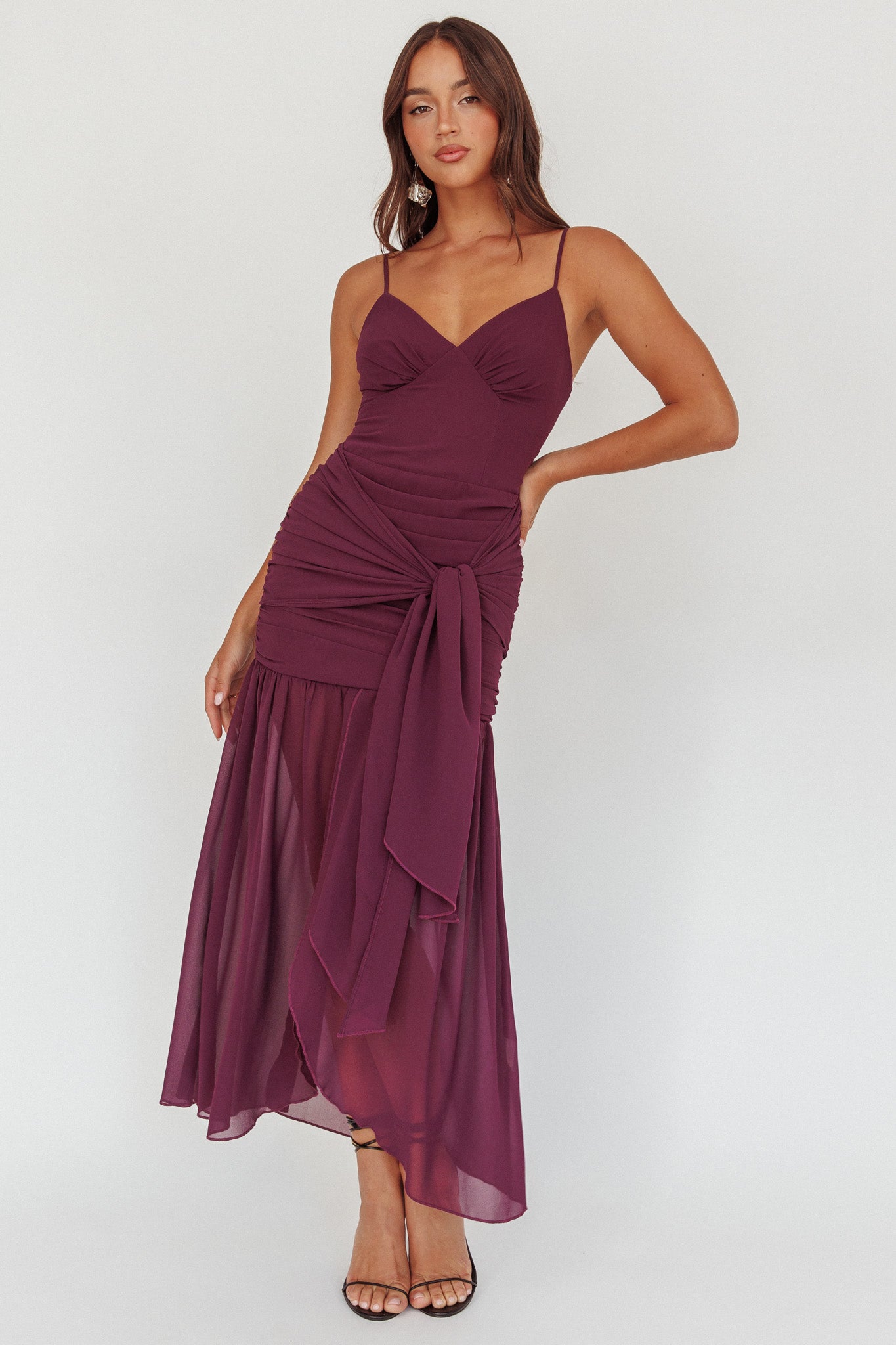 Floating Waist Sash Maxi Dress Plum-Maymioy