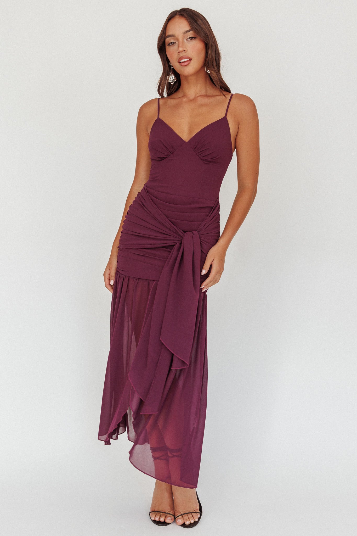 Floating Waist Sash Maxi Dress Plum-Maymioy
