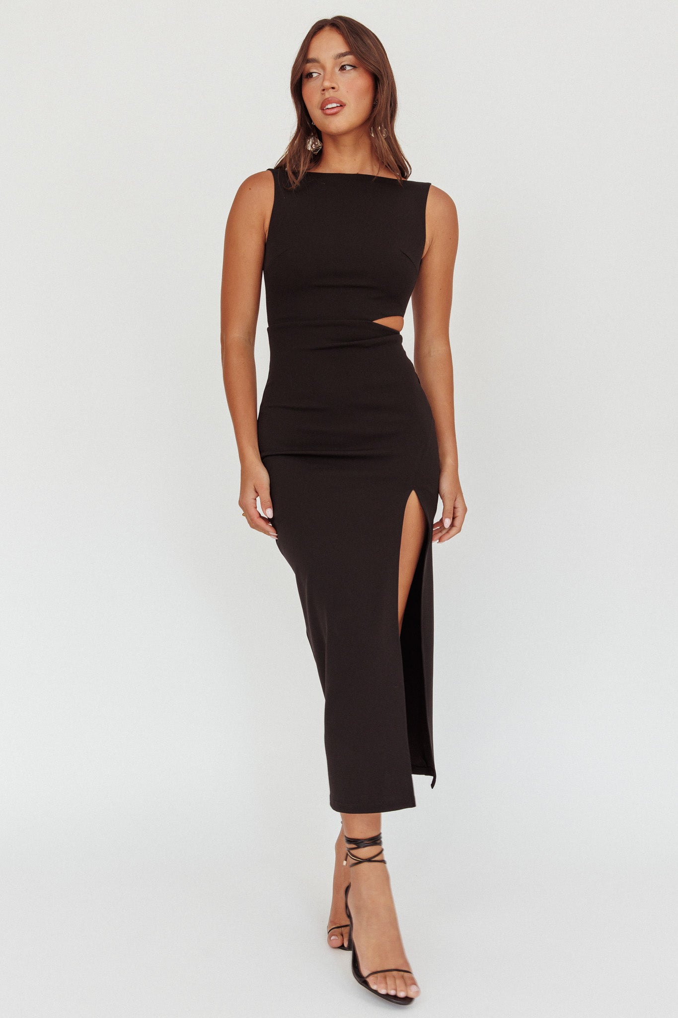 Emille Cut-Out Split Midi Dress Black-Maymioy
