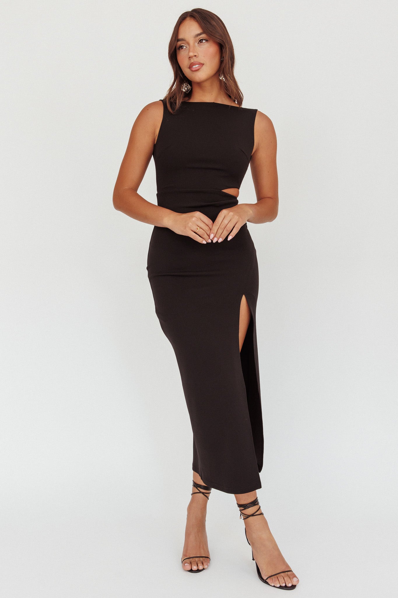 Emille Cut-Out Split Midi Dress Black-Maymioy