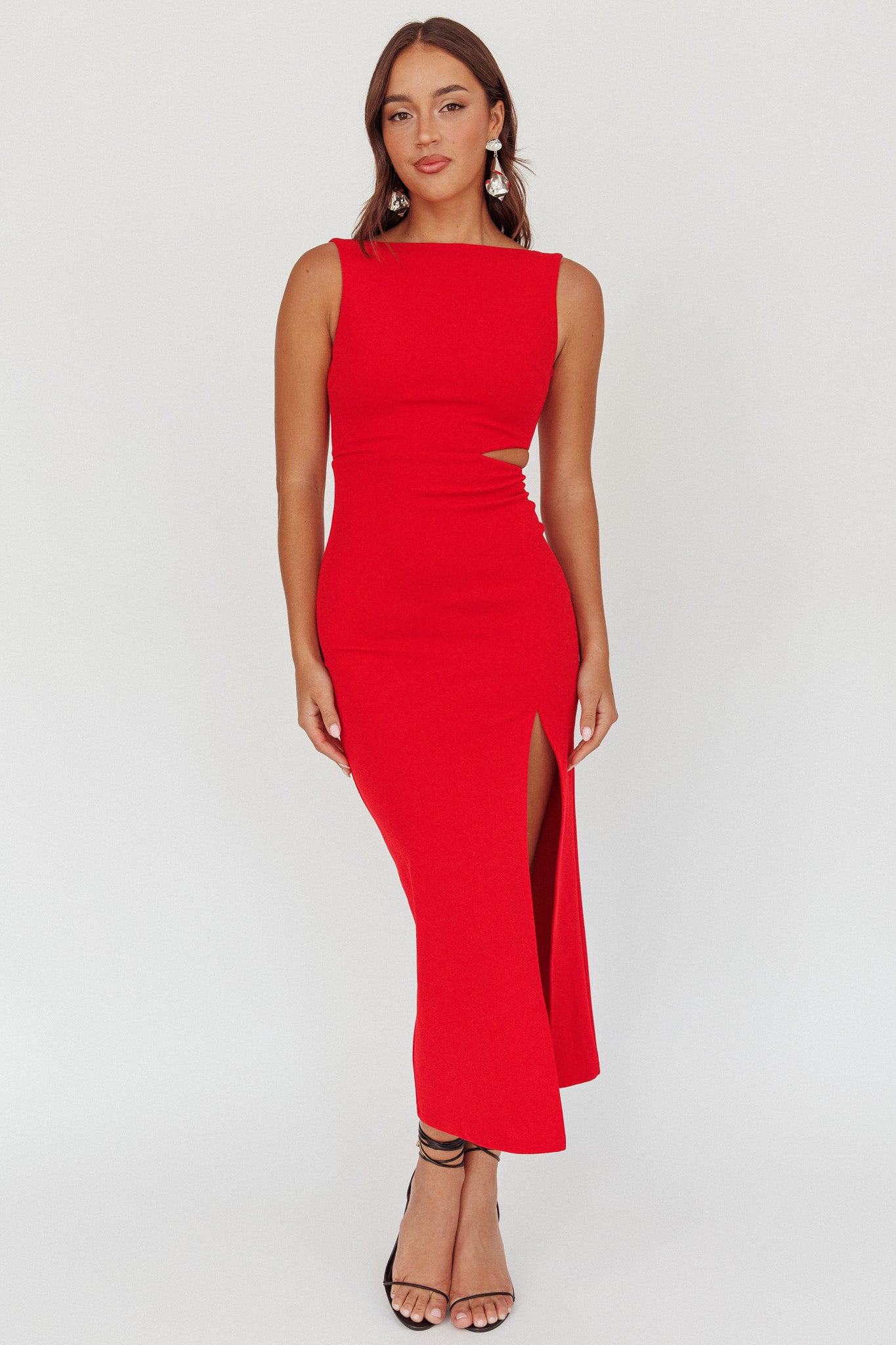Emille Cut-Out Split Midi Dress Red-Maymioy