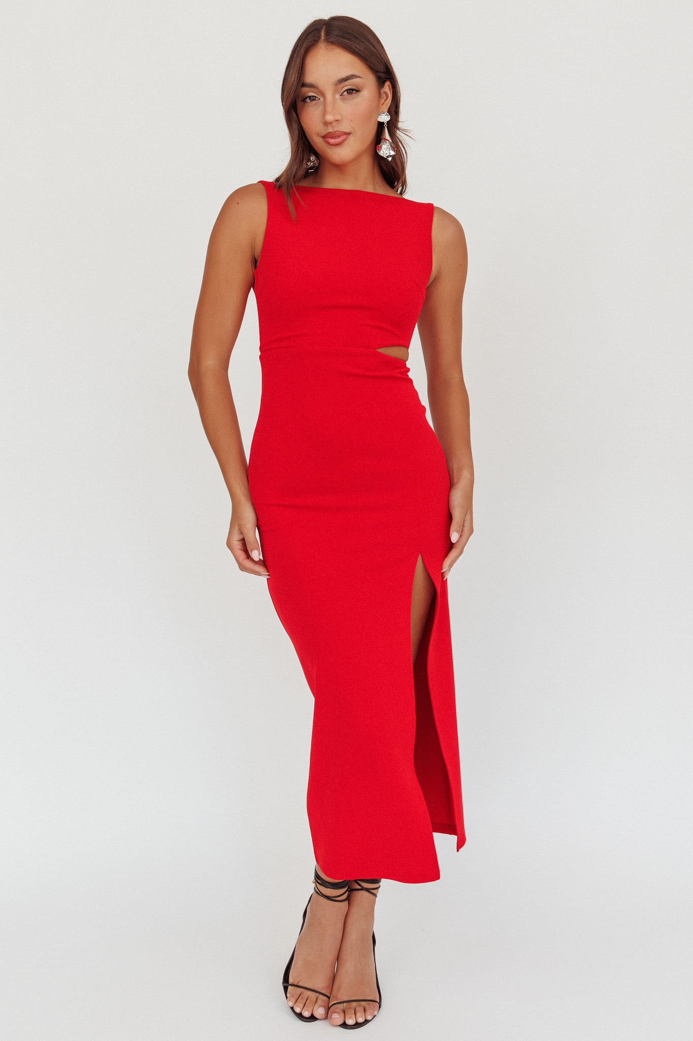 Emille Cut-Out Split Midi Dress Red-Maymioy