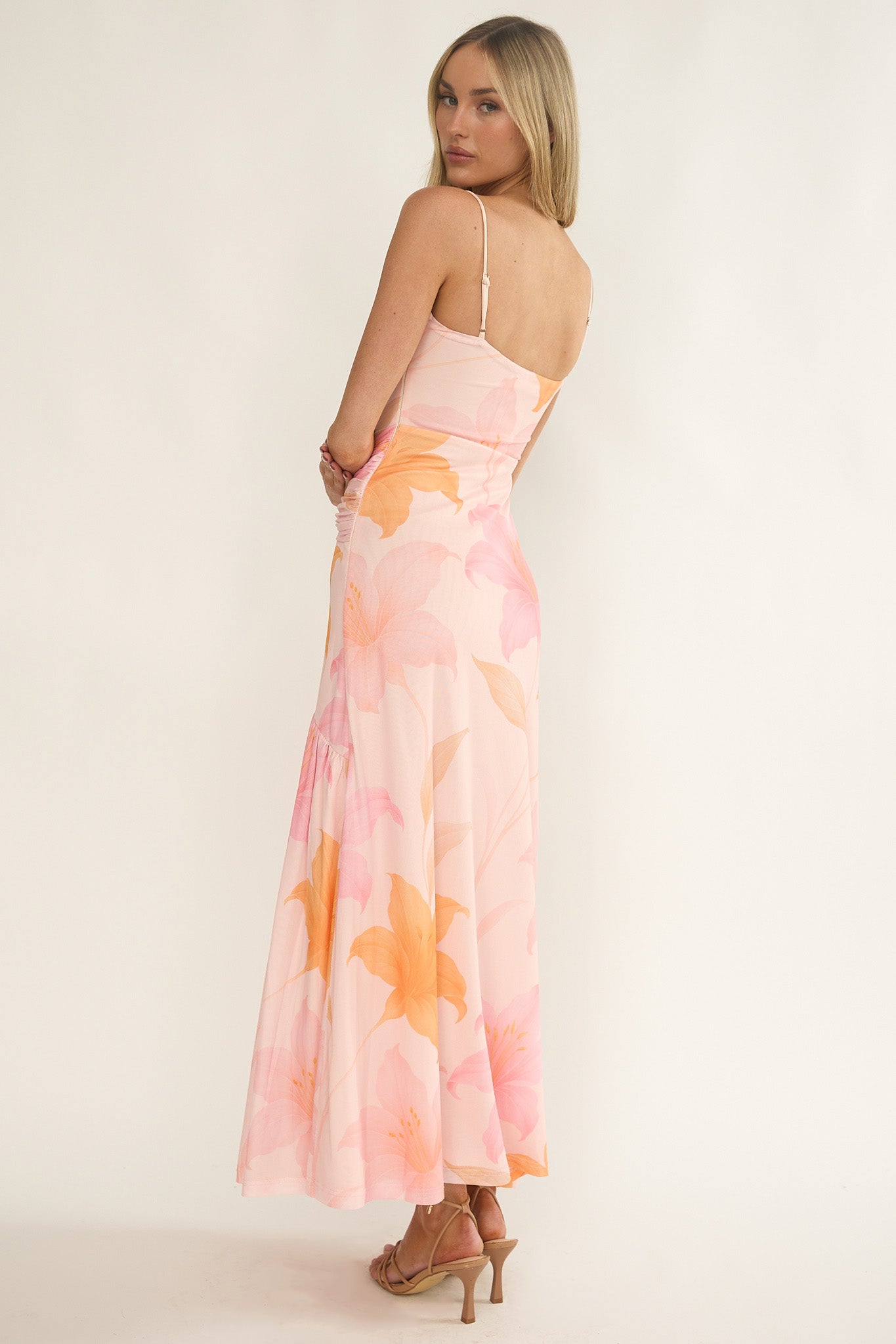 Azure Sun Drop Waist Split Maxi Dress Print Orange-Maymioy