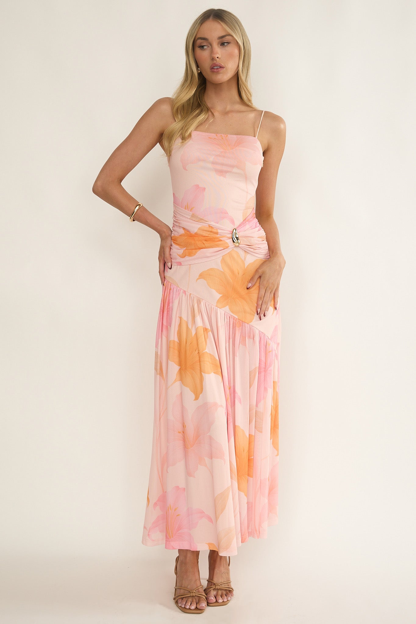Azure Sun Drop Waist Split Maxi Dress Print Orange-Maymioy