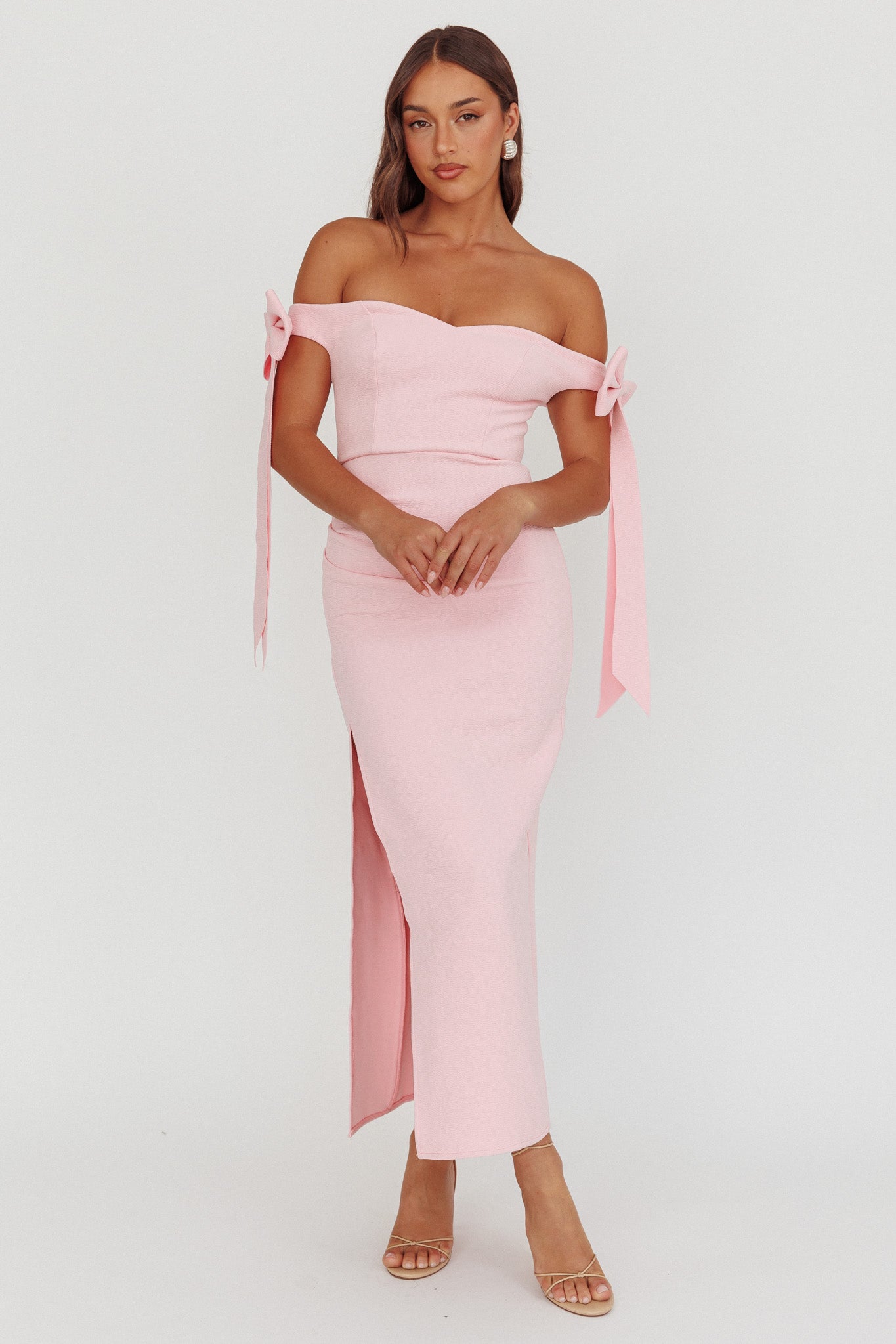 Have Faith Off-Shoulder Bow Sleeve Maxi Dress Baby Pink-Maymioy
