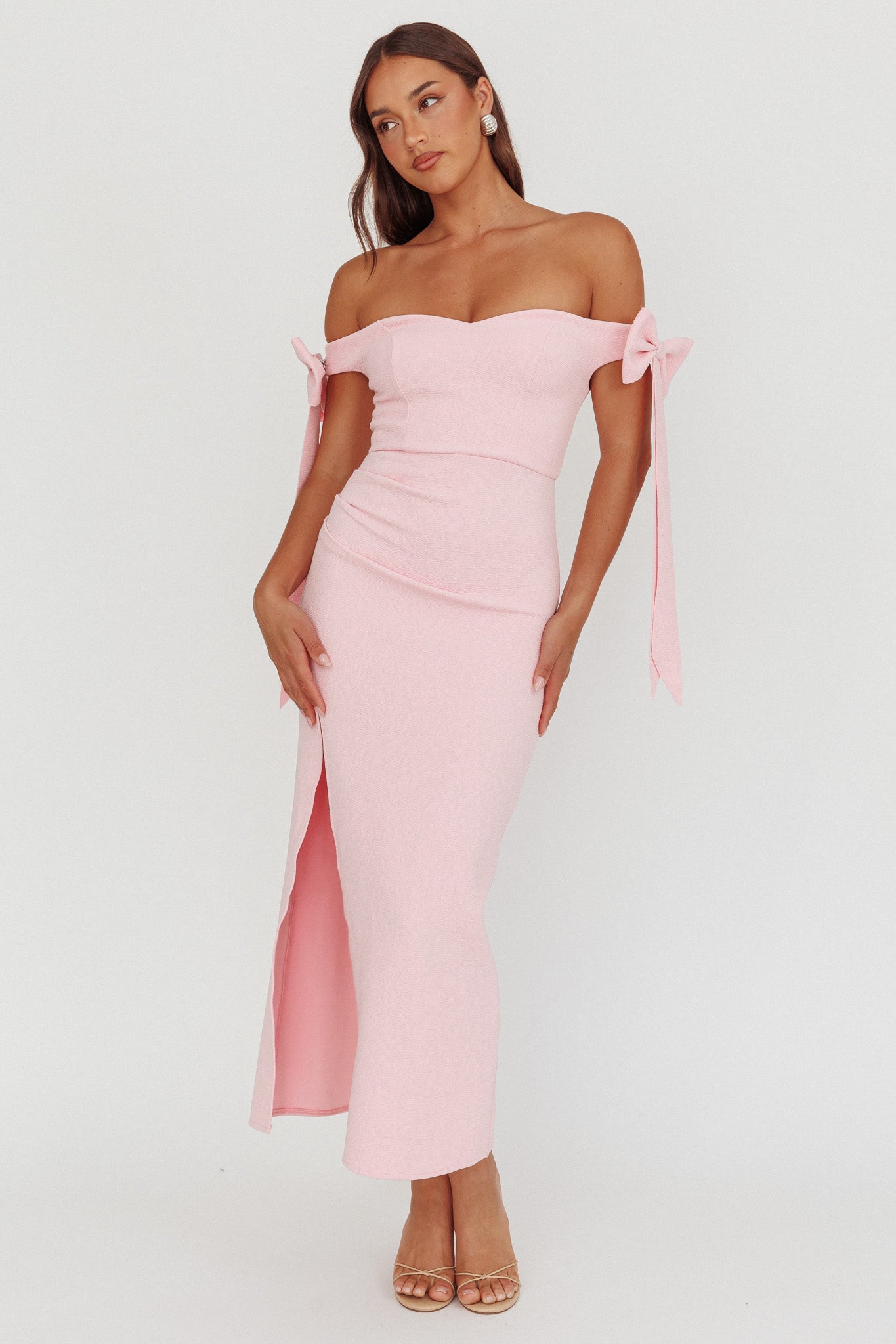 Have Faith Off-Shoulder Bow Sleeve Maxi Dress Baby Pink-Maymioy