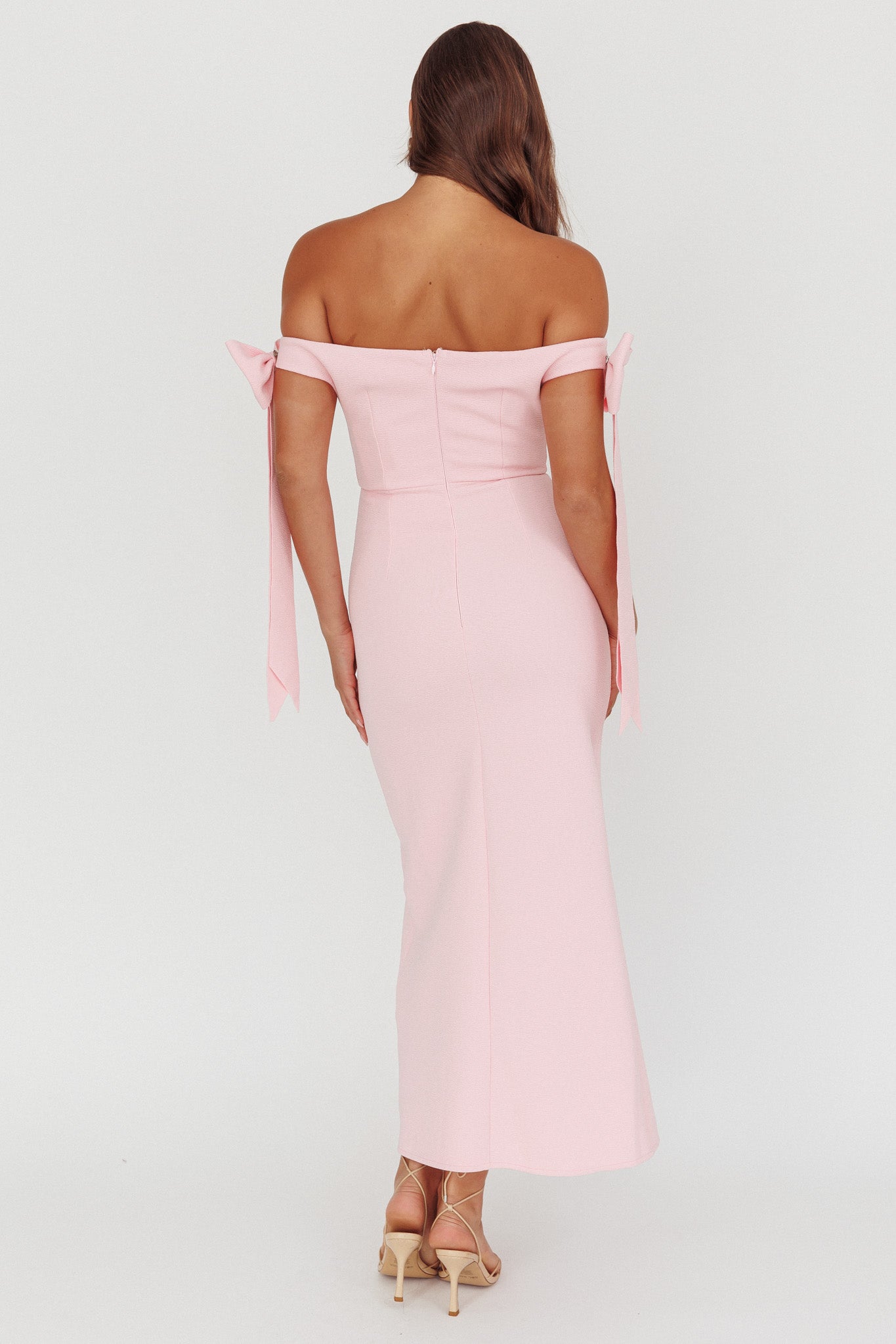 Have Faith Off-Shoulder Bow Sleeve Maxi Dress Baby Pink-Maymioy
