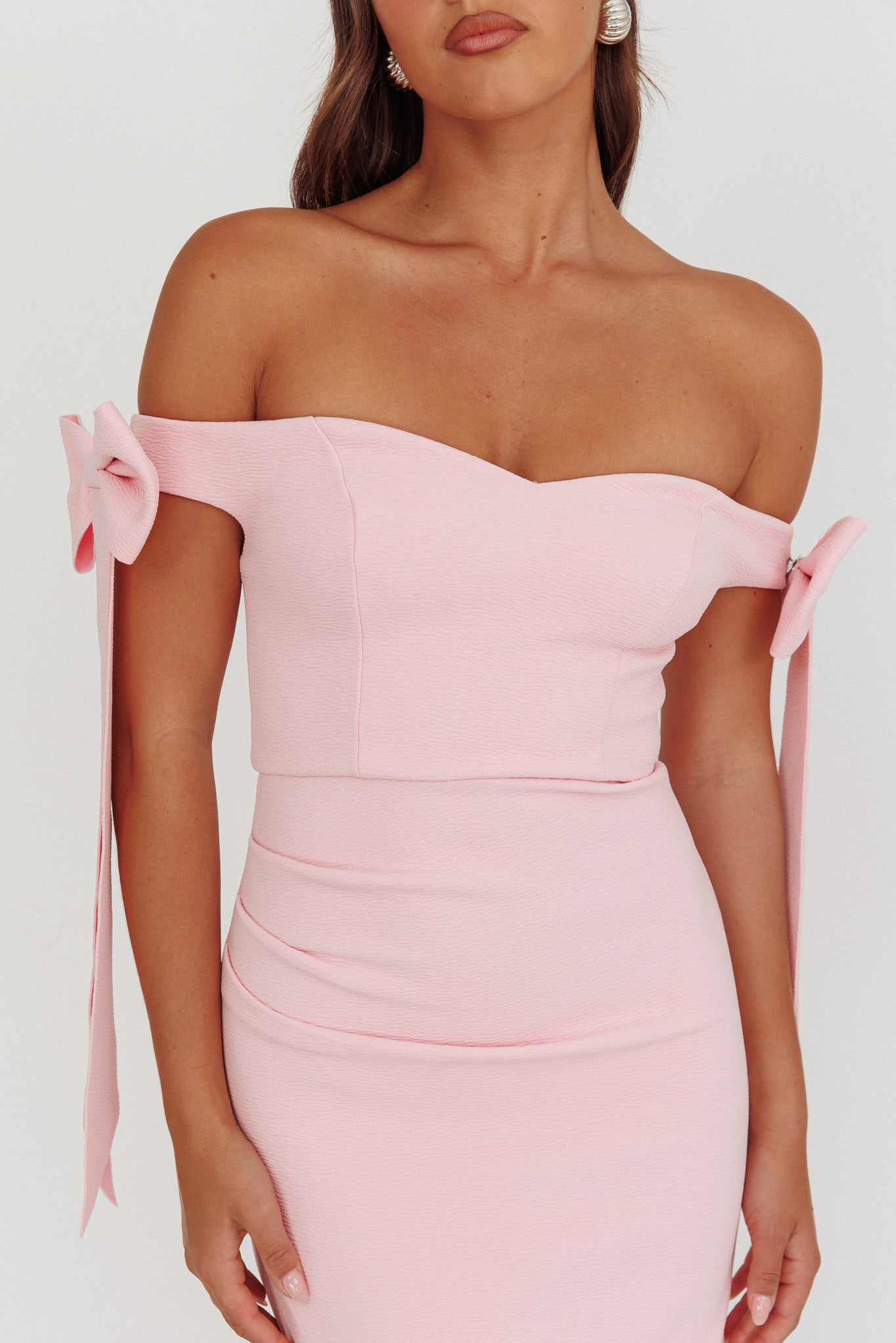 Have Faith Off-Shoulder Bow Sleeve Maxi Dress Baby Pink-Maymioy