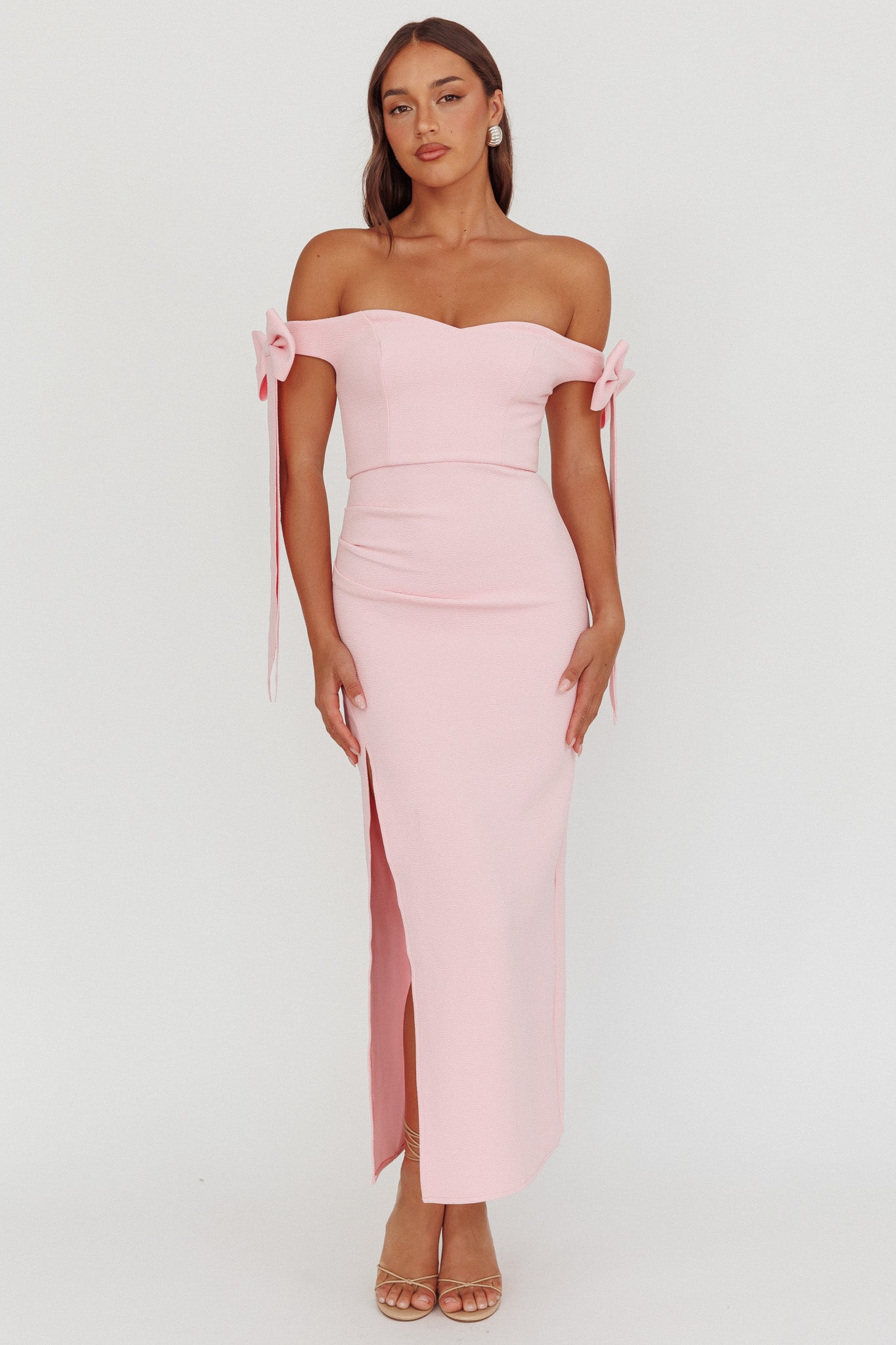 Have Faith Off-Shoulder Bow Sleeve Maxi Dress Baby Pink-Maymioy