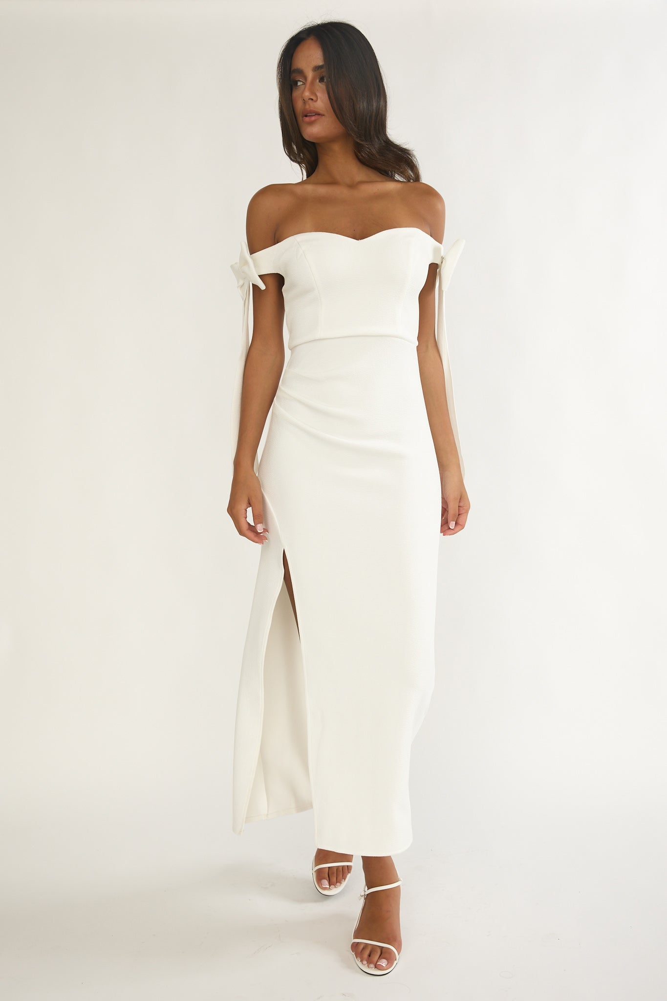 Have Faith Off-Shoulder Bow Sleeve Maxi Dress White-Maymioy