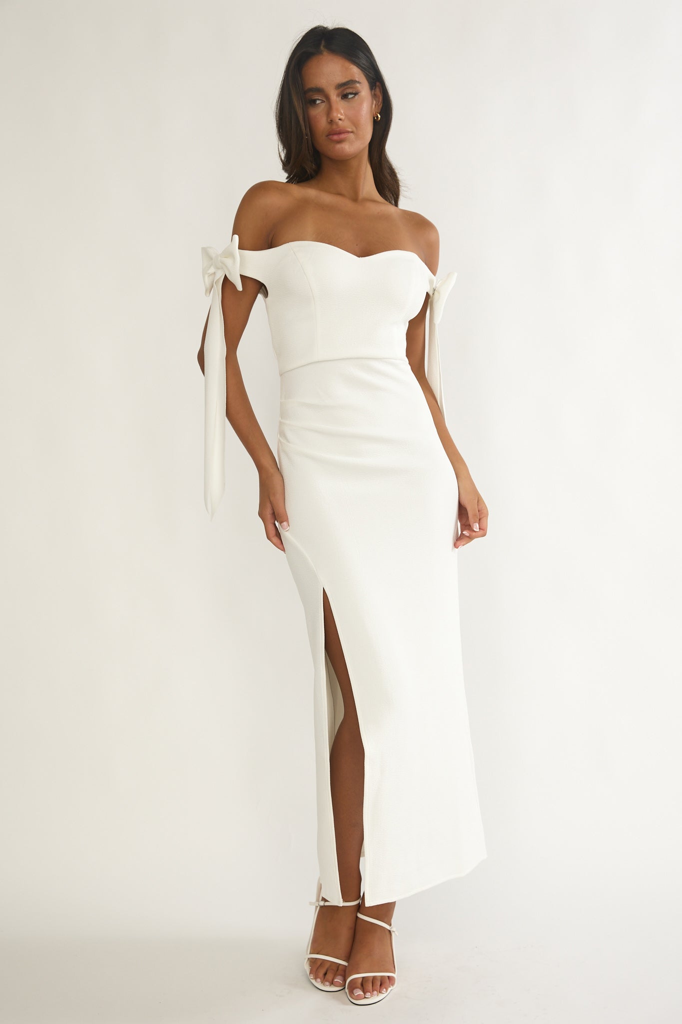 Have Faith Off-Shoulder Bow Sleeve Maxi Dress White-Maymioy