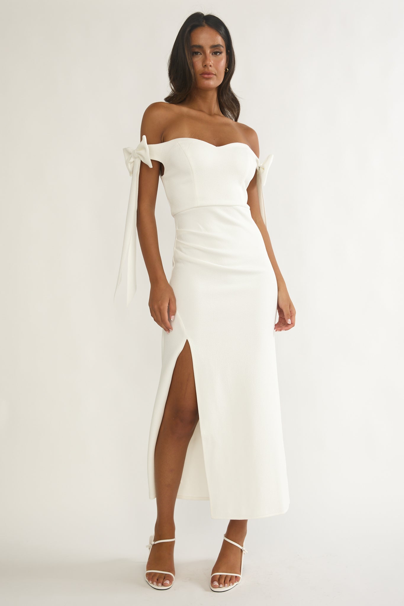 Have Faith Off-Shoulder Bow Sleeve Maxi Dress White-Maymioy