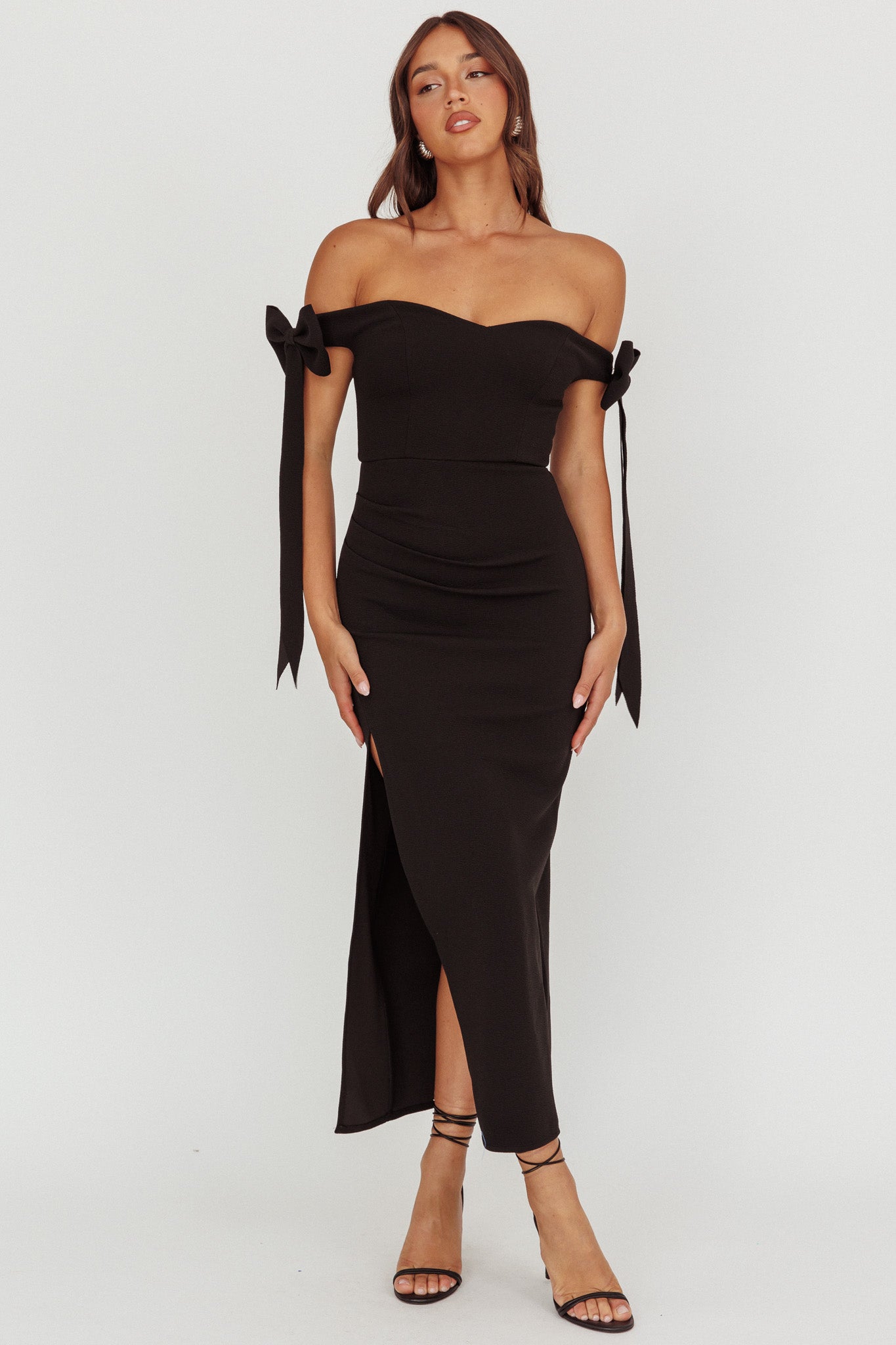 Have Faith Off-Shoulder Bow Sleeve Maxi Dress Black-Maymioy