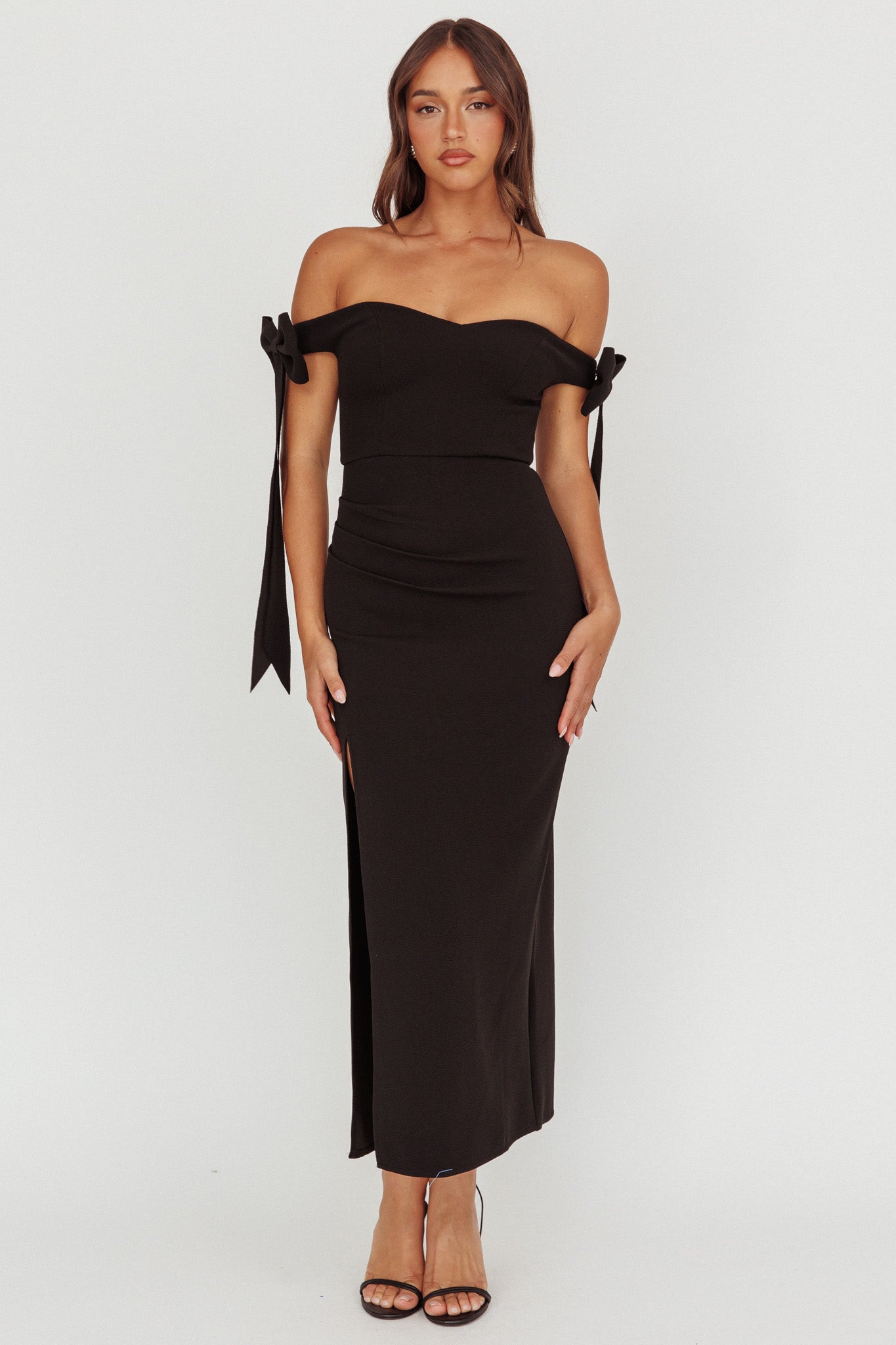 Have Faith Off-Shoulder Bow Sleeve Maxi Dress Black-Maymioy