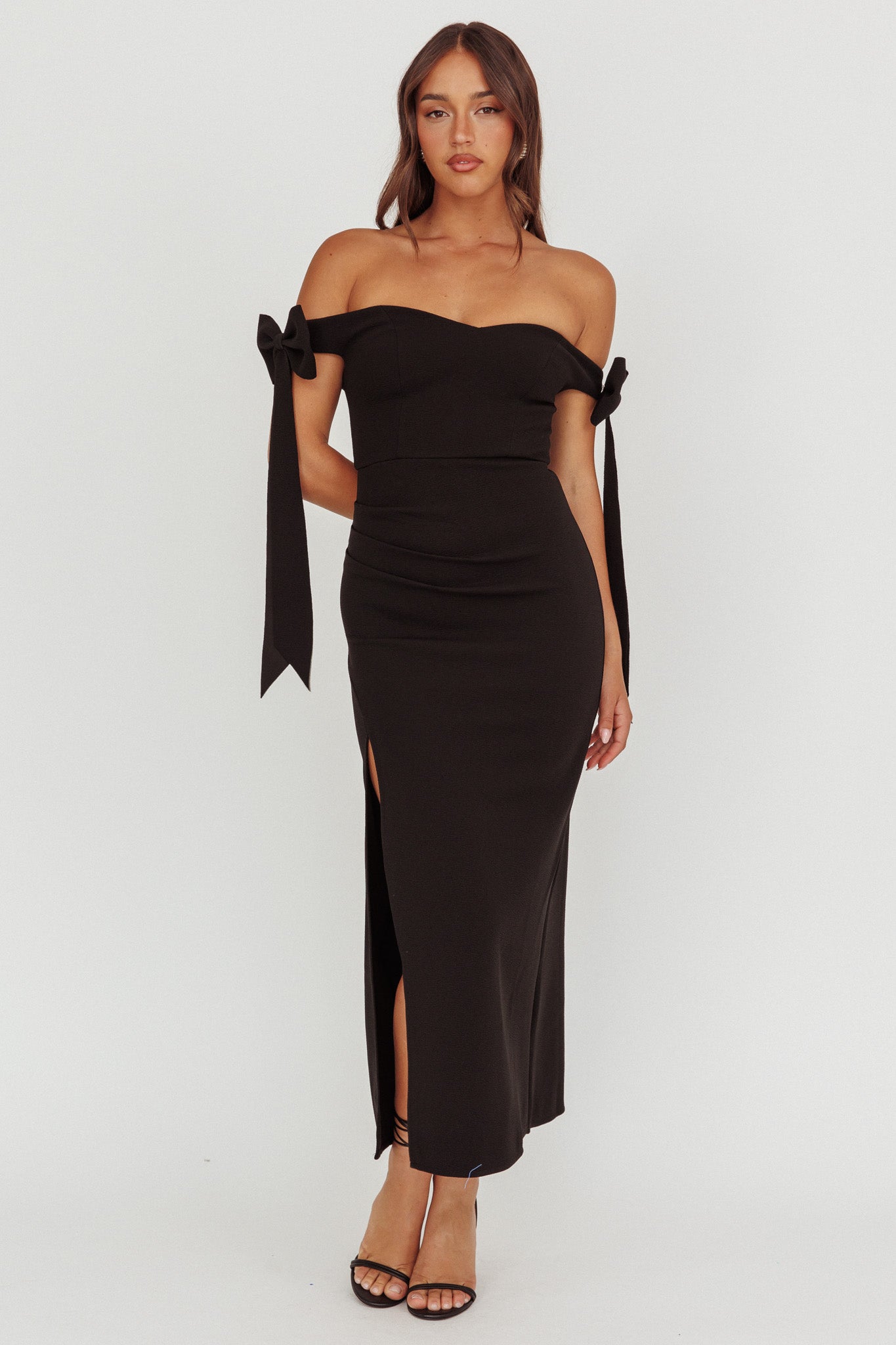 Have Faith Off-Shoulder Bow Sleeve Maxi Dress Black-Maymioy