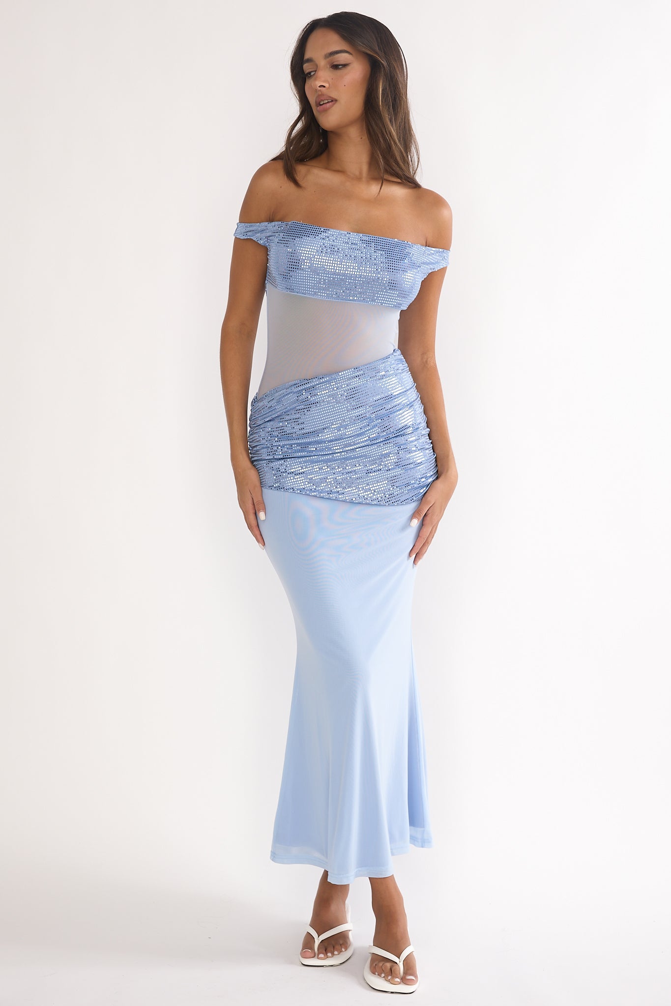 Bellora Off-Shoulder Sequin Trim Maxi Dress Blue-Maymioy