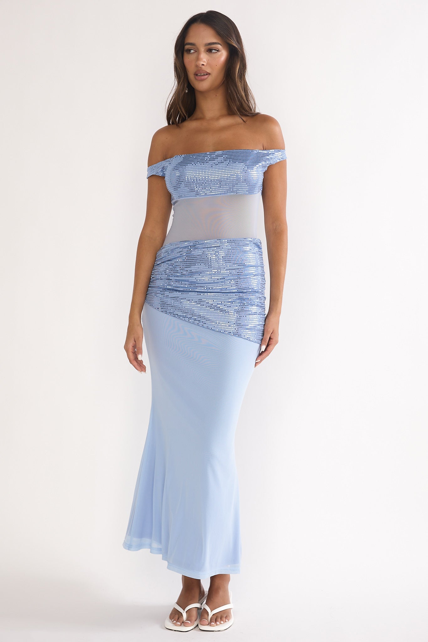 Bellora Off-Shoulder Sequin Trim Maxi Dress Blue-Maymioy