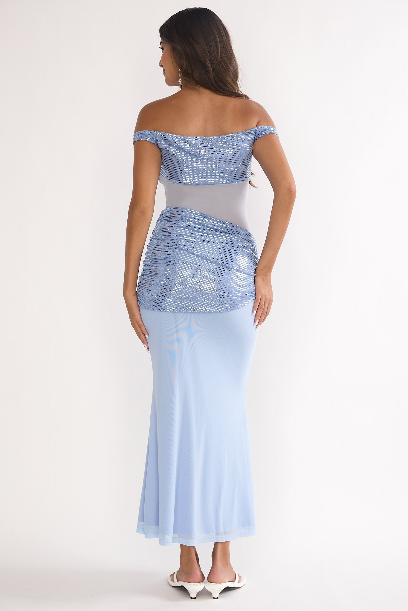 Bellora Off-Shoulder Sequin Trim Maxi Dress Blue-Maymioy