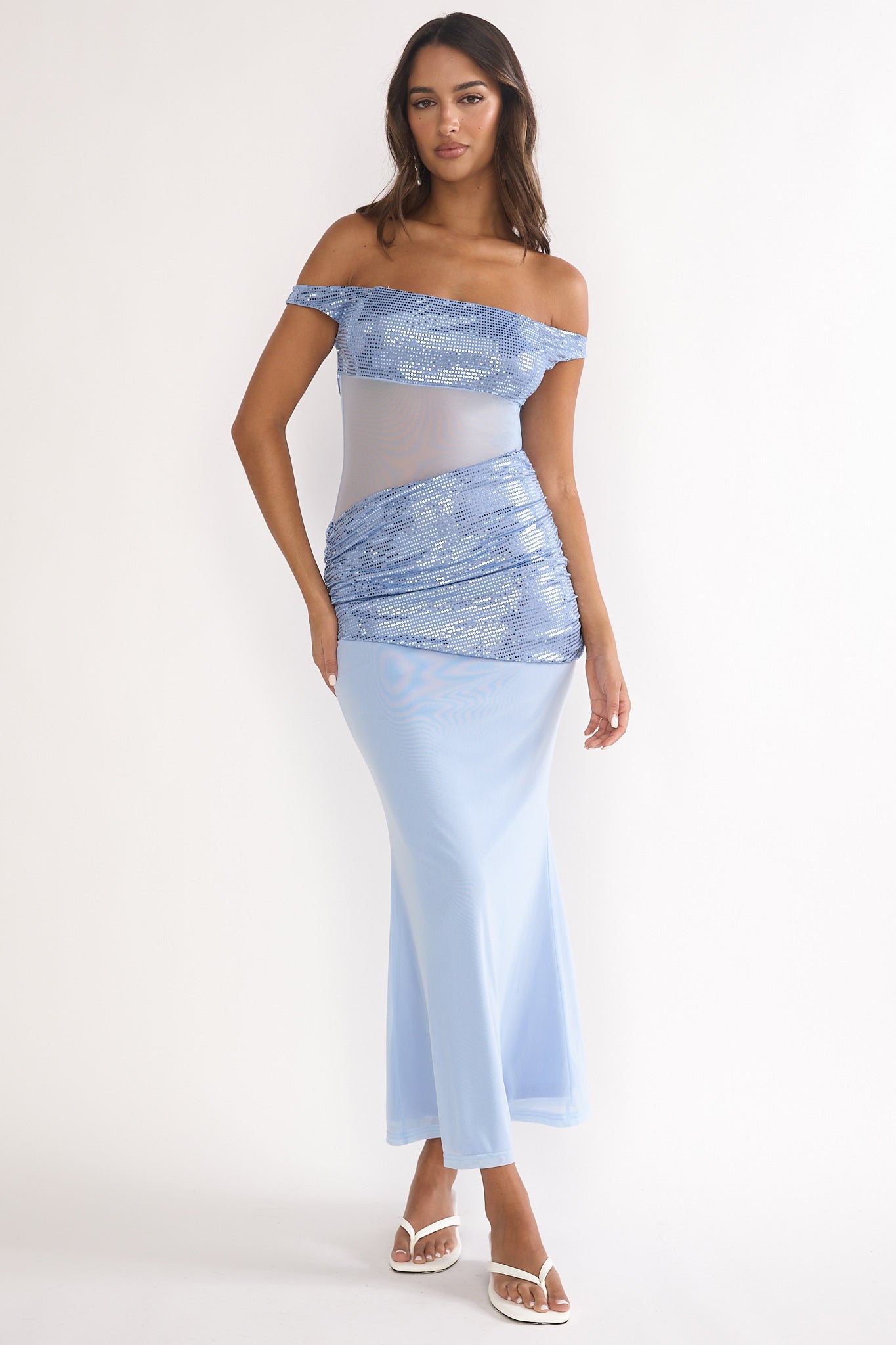 Bellora Off-Shoulder Sequin Trim Maxi Dress Blue-Maymioy