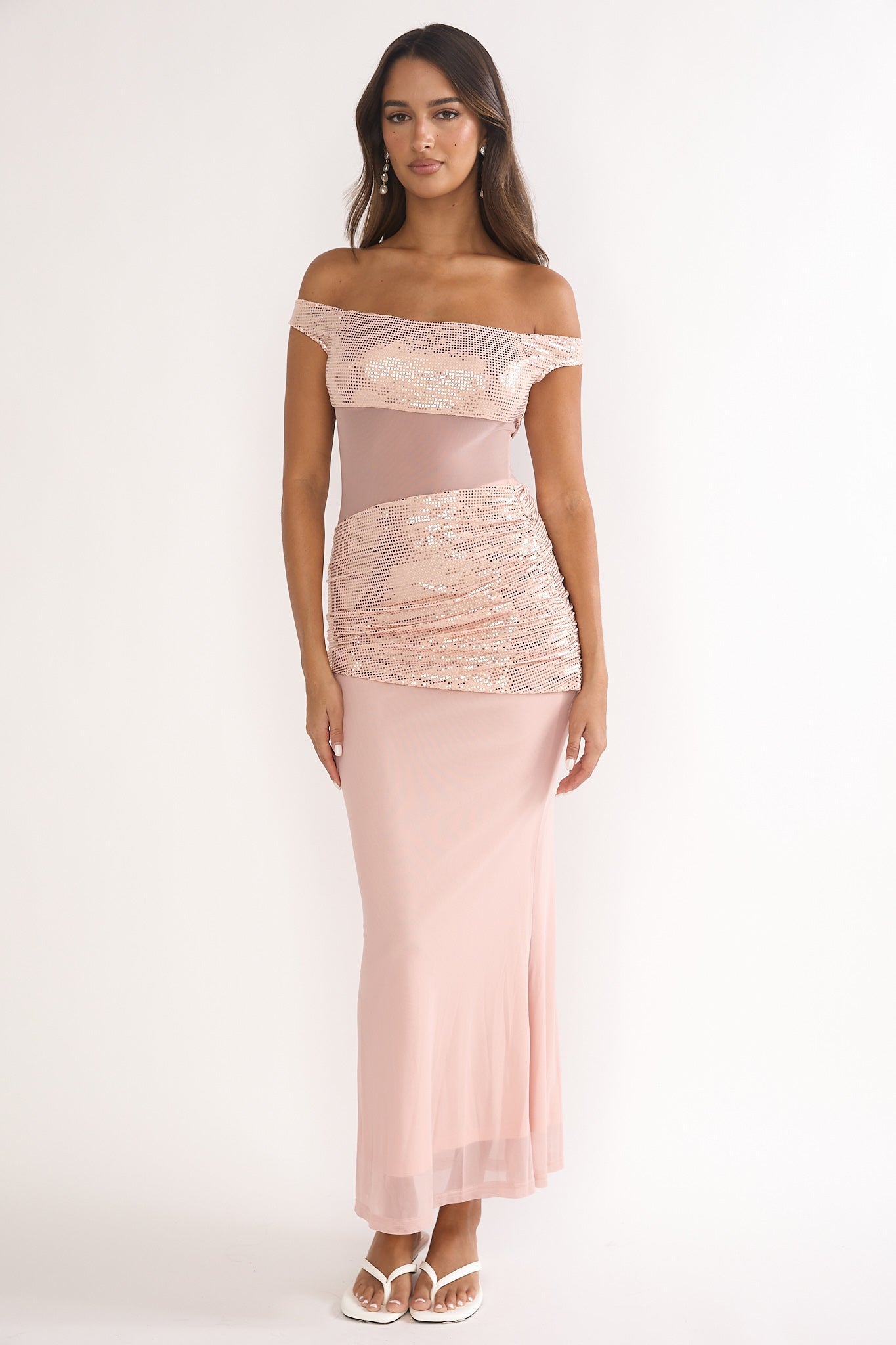 Bellora Off-Shoulder Sequin Trim Maxi Dress Nude-Maymioy