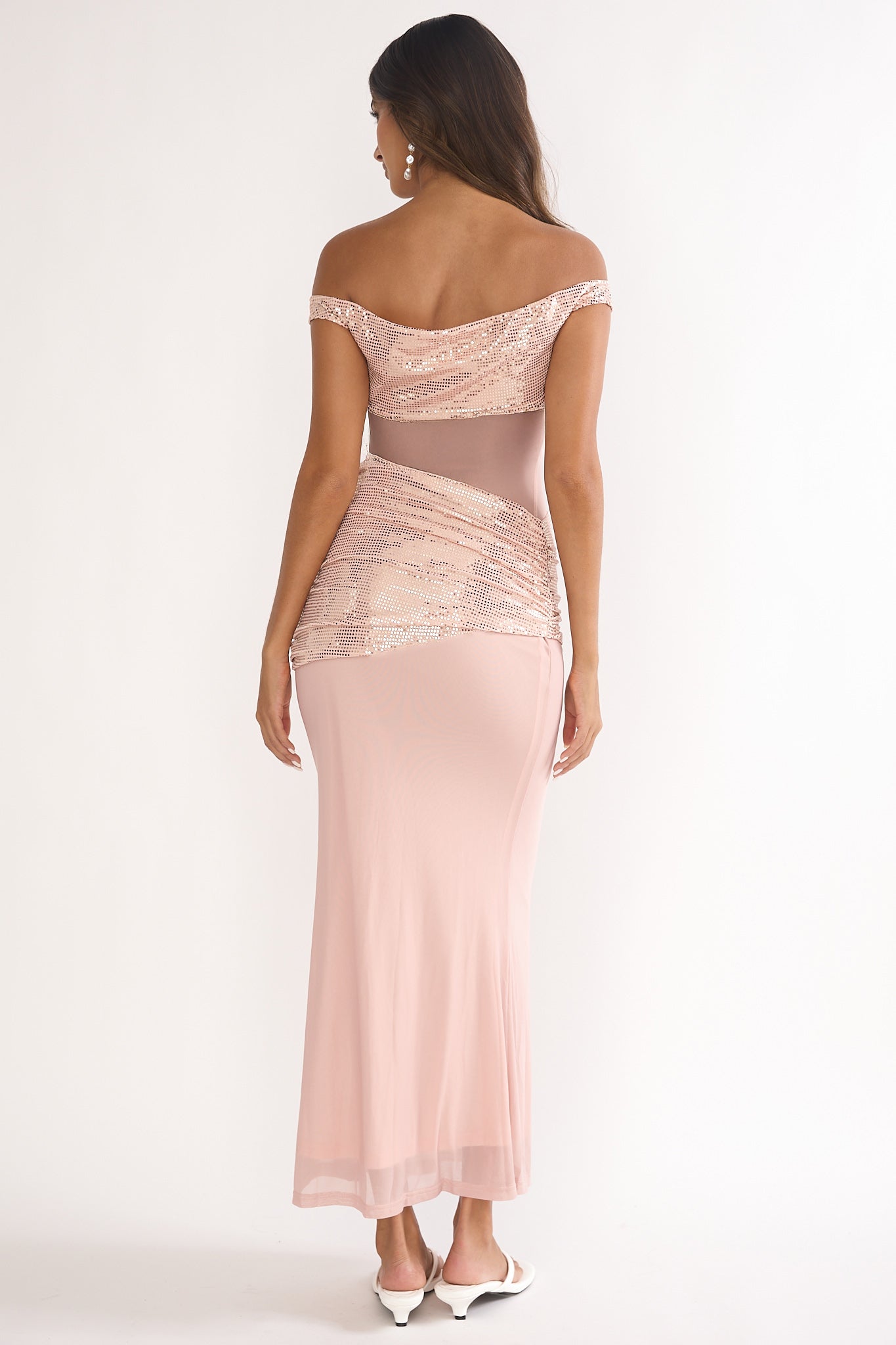 Bellora Off-Shoulder Sequin Trim Maxi Dress Nude-Maymioy
