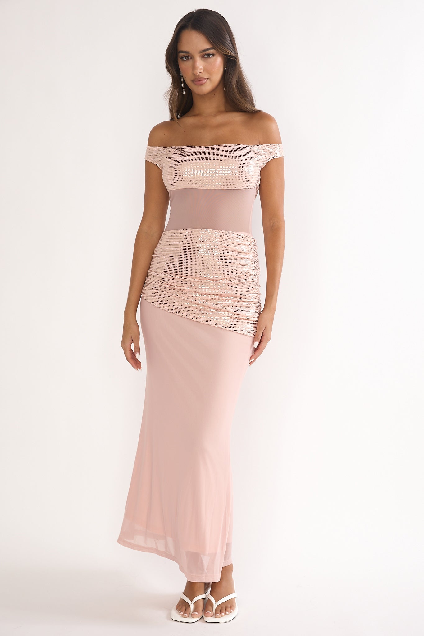 Bellora Off-Shoulder Sequin Trim Maxi Dress Nude-Maymioy