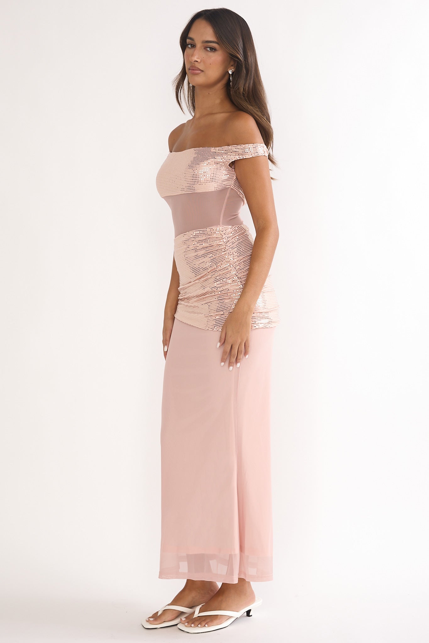 Bellora Off-Shoulder Sequin Trim Maxi Dress Nude-Maymioy