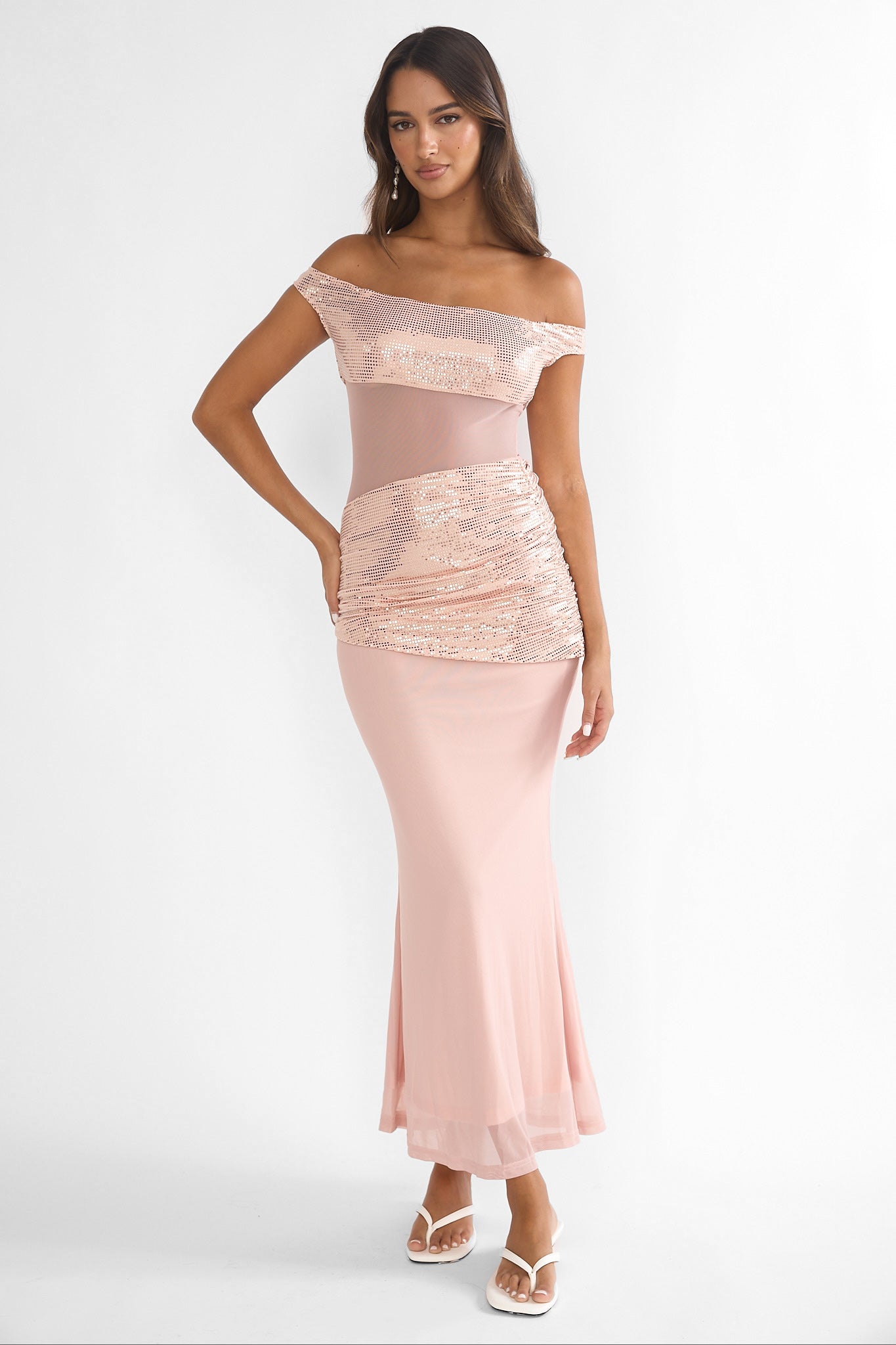Bellora Off-Shoulder Sequin Trim Maxi Dress Nude-Maymioy