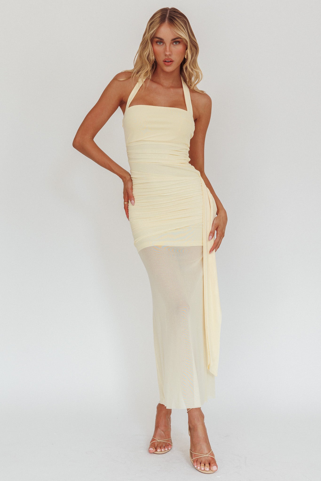 Rebekkah Halterneck Side Sash Maxi Dress Butter-Maymioy